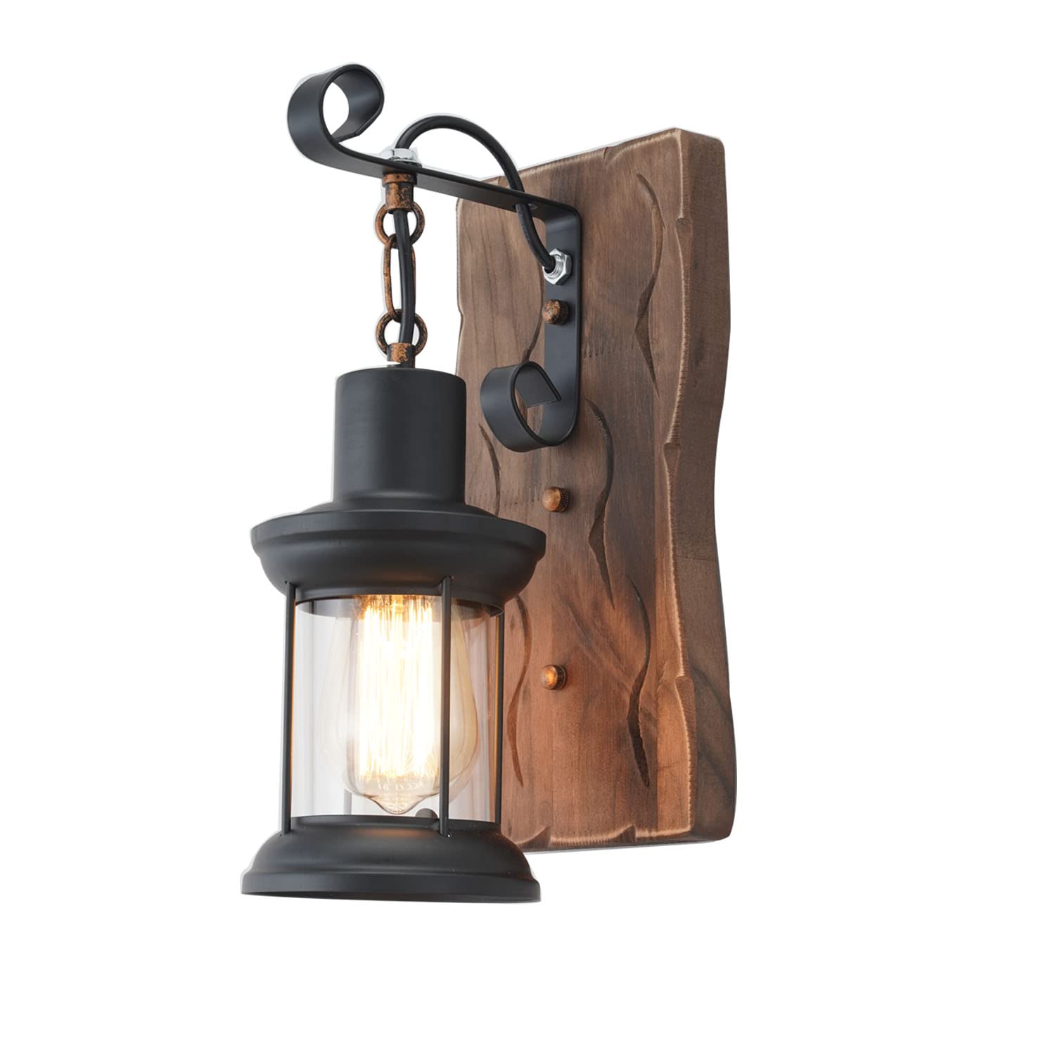 Rustic Industrial Wall Sconces, Black Metal Lantern with Wood Backplate, Farmhouse Indoor Light Fixture for Dining Room, Hallway, Porch