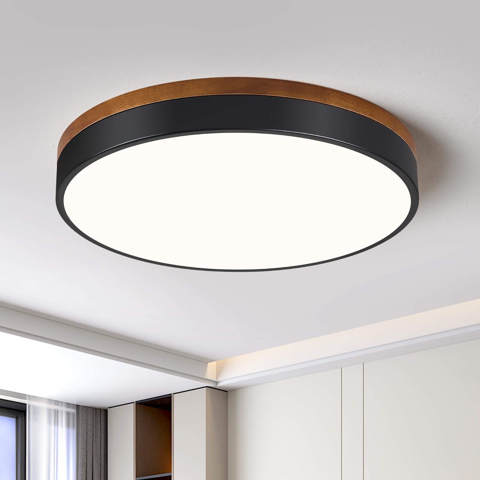 Modern Wood Black Flush Mount Ceiling Light, 11.81" Round LED Low Profile Close to Ceiling Fixture for Kitchen Bedroom Bathroom Laundry Hallway Entryway Closet Living Room