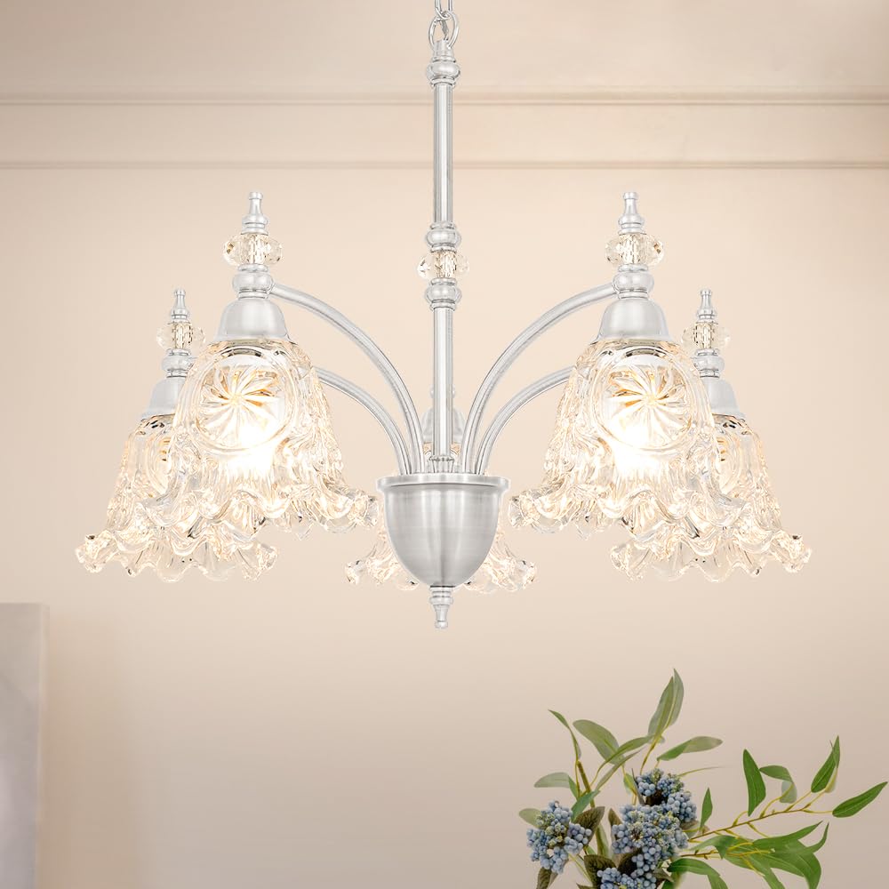 Vintage 5 Light Chandelier, Brass Dining Room Light Fixtures Over Table, Farmhouse Glass Chandelier Ceiling Light Fixture for Kitchen, Dinning, Foyer, Bathroom, Living Room