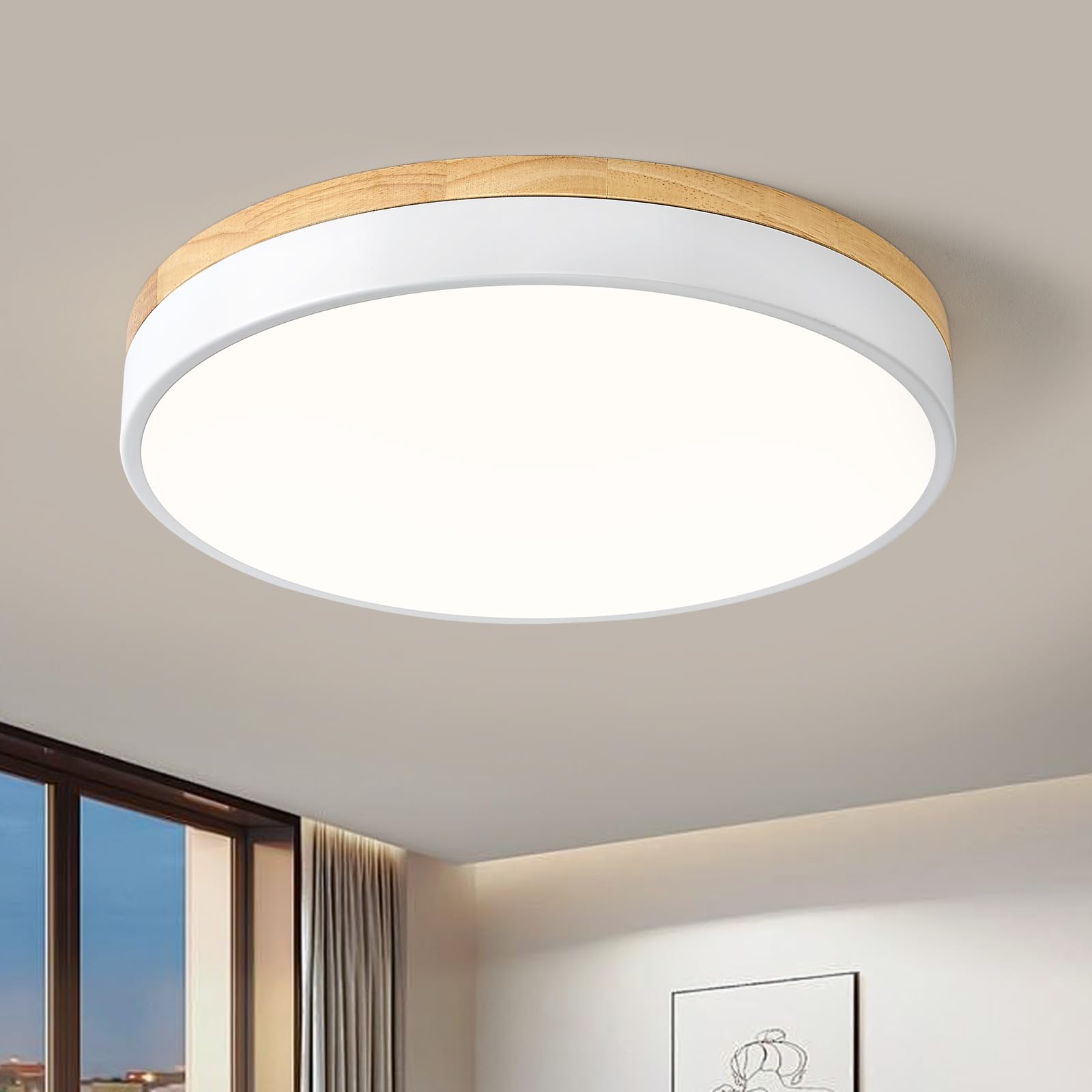 Modern Wood Black Flush Mount Ceiling Light, 11.81" Round LED Low Profile Close to Ceiling Fixture for Kitchen Bedroom Bathroom Laundry Hallway Entryway Closet Living Room