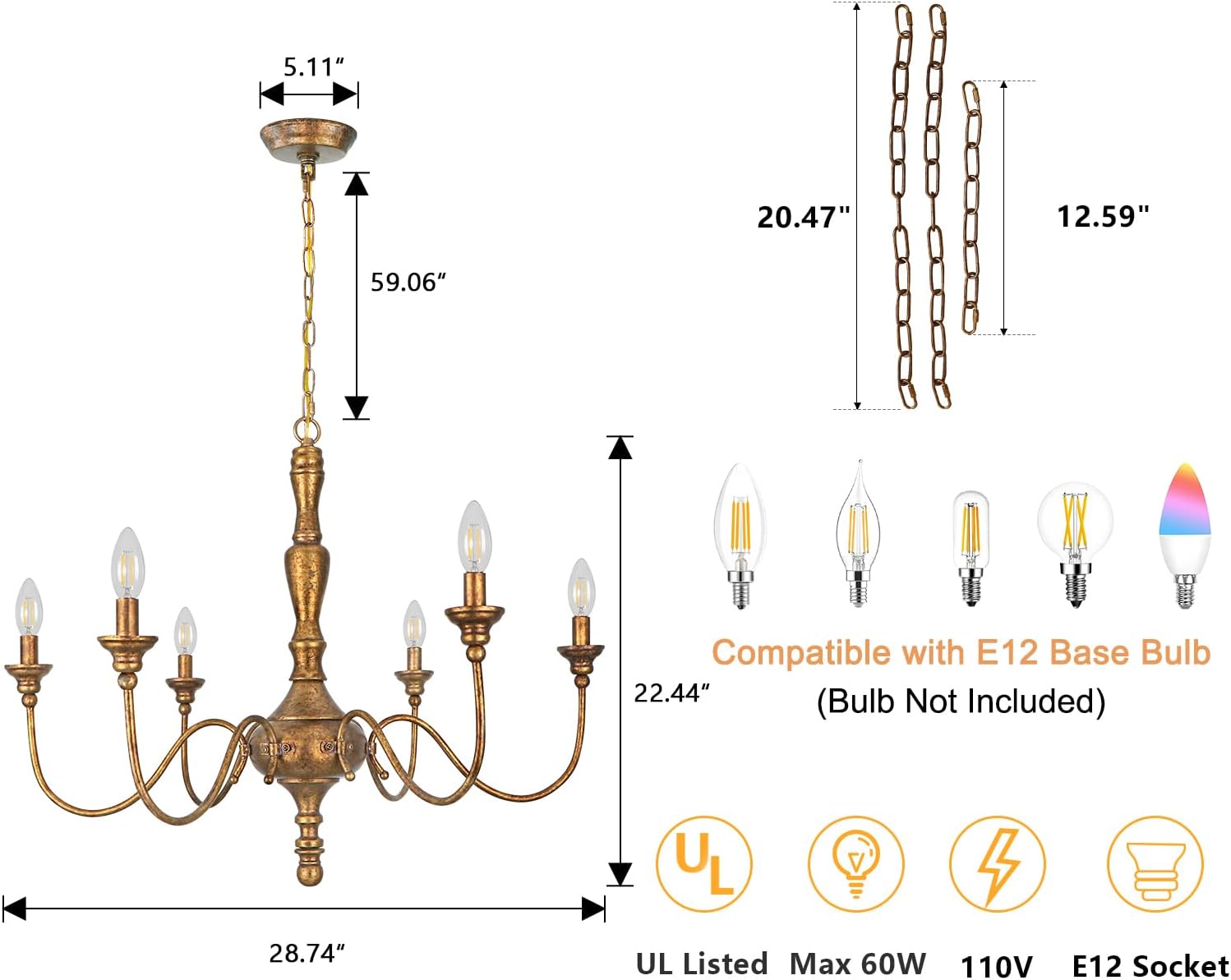 6-Light Farmhouse Chandelier for Dining Room, Antique Gold Rustic Chandelier, Adjustable Vintage Hanging Light Fixture for Bedroom, Kitchen, Living Room, Entryway, Foyer