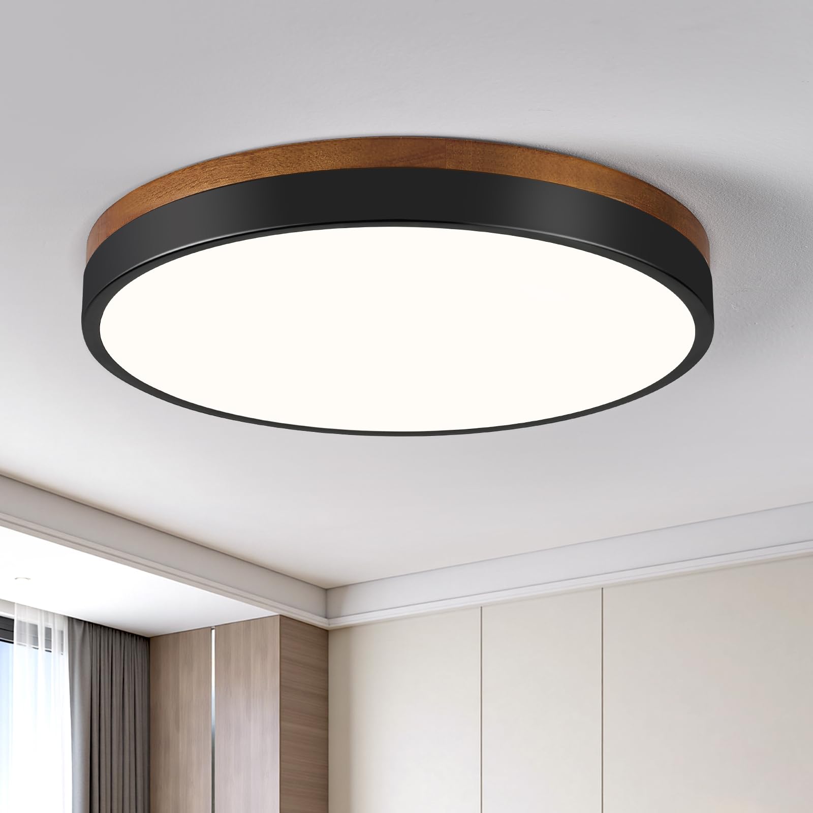 Modern Wood Black Flush Mount Ceiling Light, 11.81" Round LED Low Profile Close to Ceiling Fixture for Kitchen Bedroom Bathroom Laundry Hallway Entryway Closet Living Room
