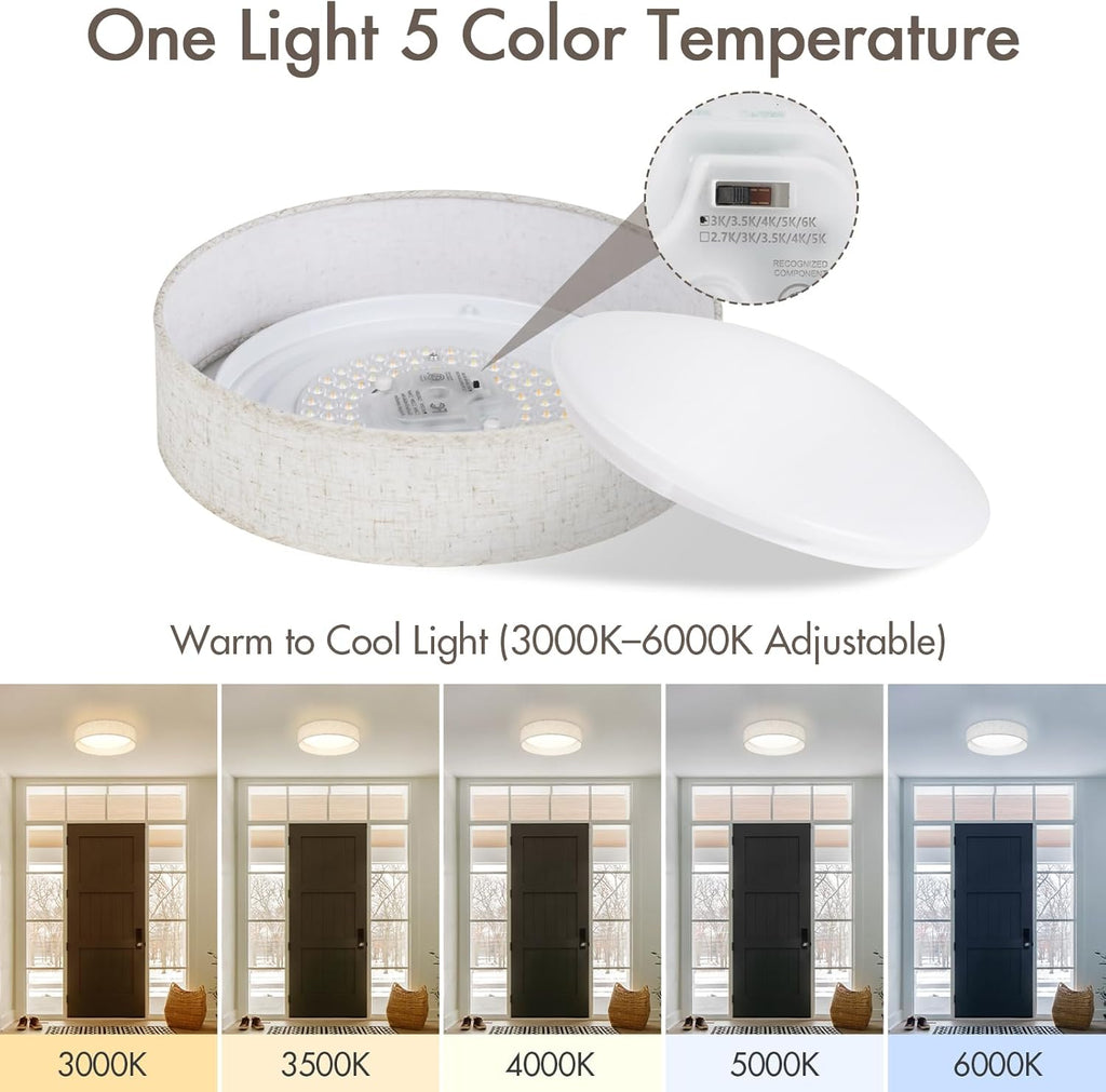 Modern Linen LED 13 Inch Ceiling Light Fixture with 24W 5CCT, Set of 2, Flush Mount Low Profile Room Lamp, Dimmable Minimalist Lighting for Bedroom, Kitchen, Hallway, Closet, Entryway, 2 Pack