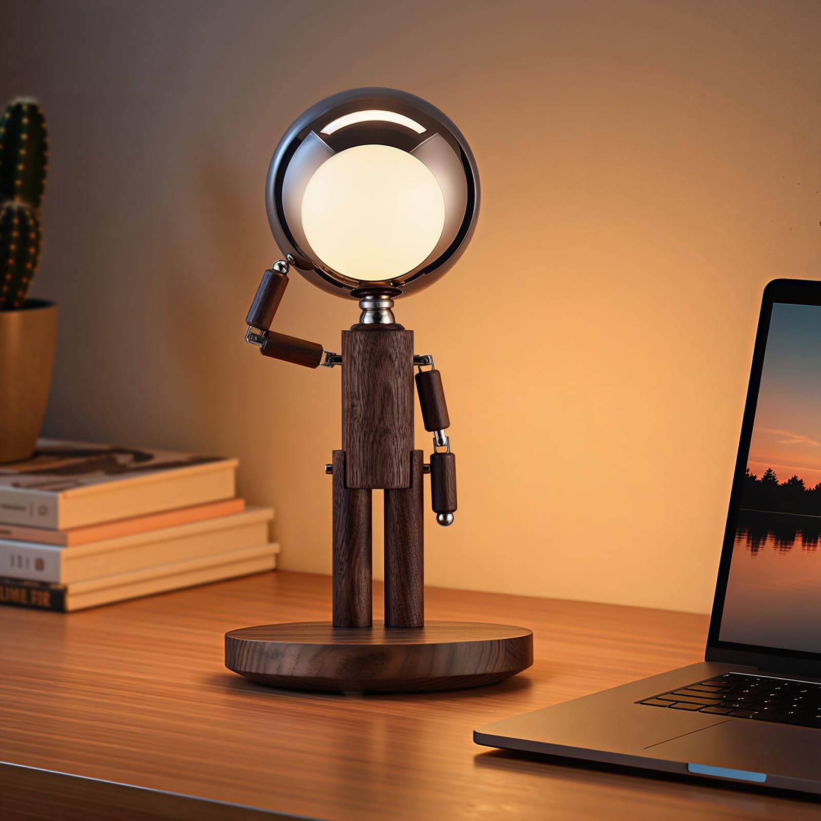 Rechargeable Cordless Desk Lamp, Creative Wooden Table Lamp with 3 Color &Stepless Dimming, Adjustable Pause Moon Lamp, Unique Decorative Desk Lamp for Bedroom, Nightstand, Office & Gift, Beech Wood