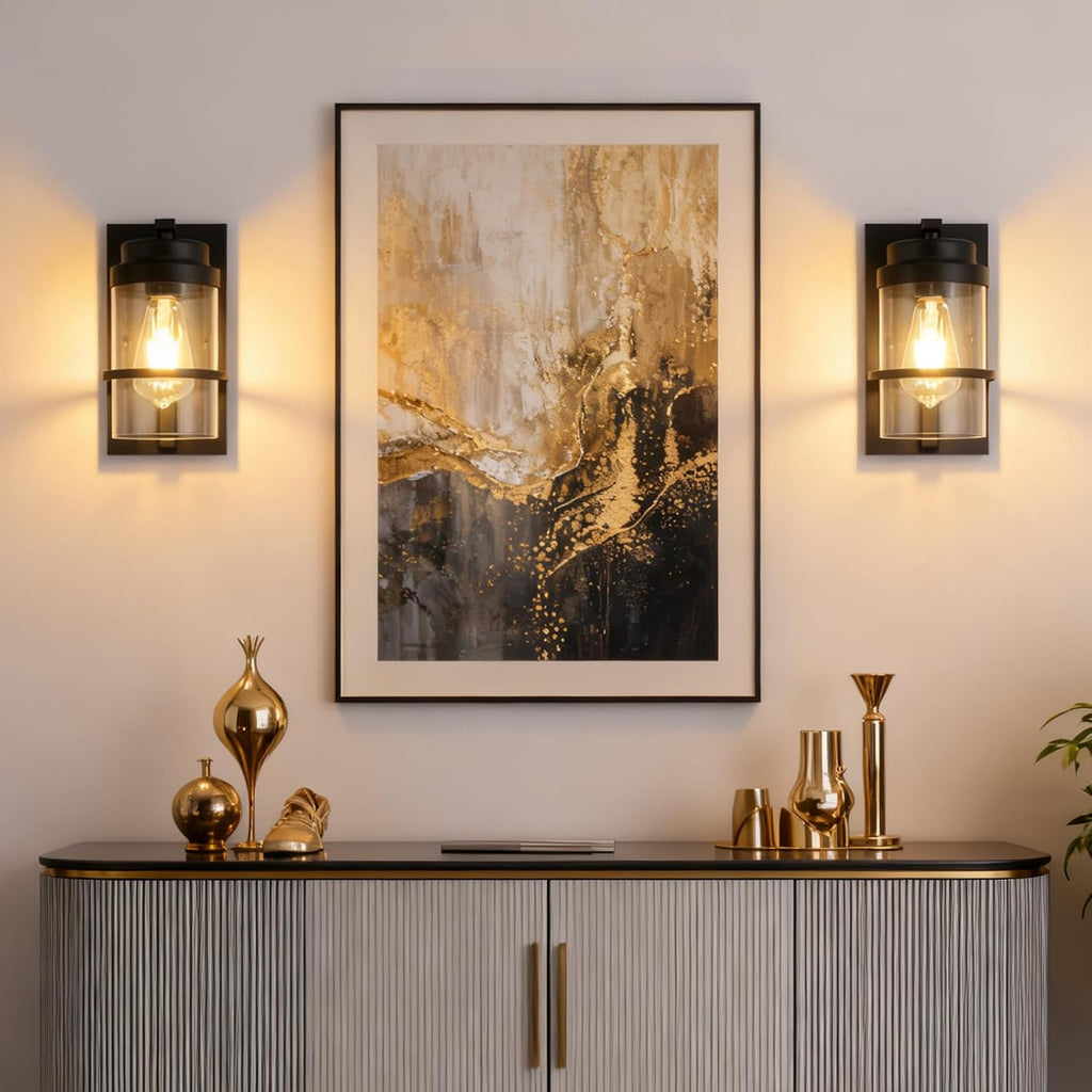 Modern Farmhouse Wall Sconce,Black Industrial Cylinder Glass Wall Light Fixture,Indoor Hardwired Wall Lamp for Bedroom,Hallway,Bathroom,Living Room,E26 Base