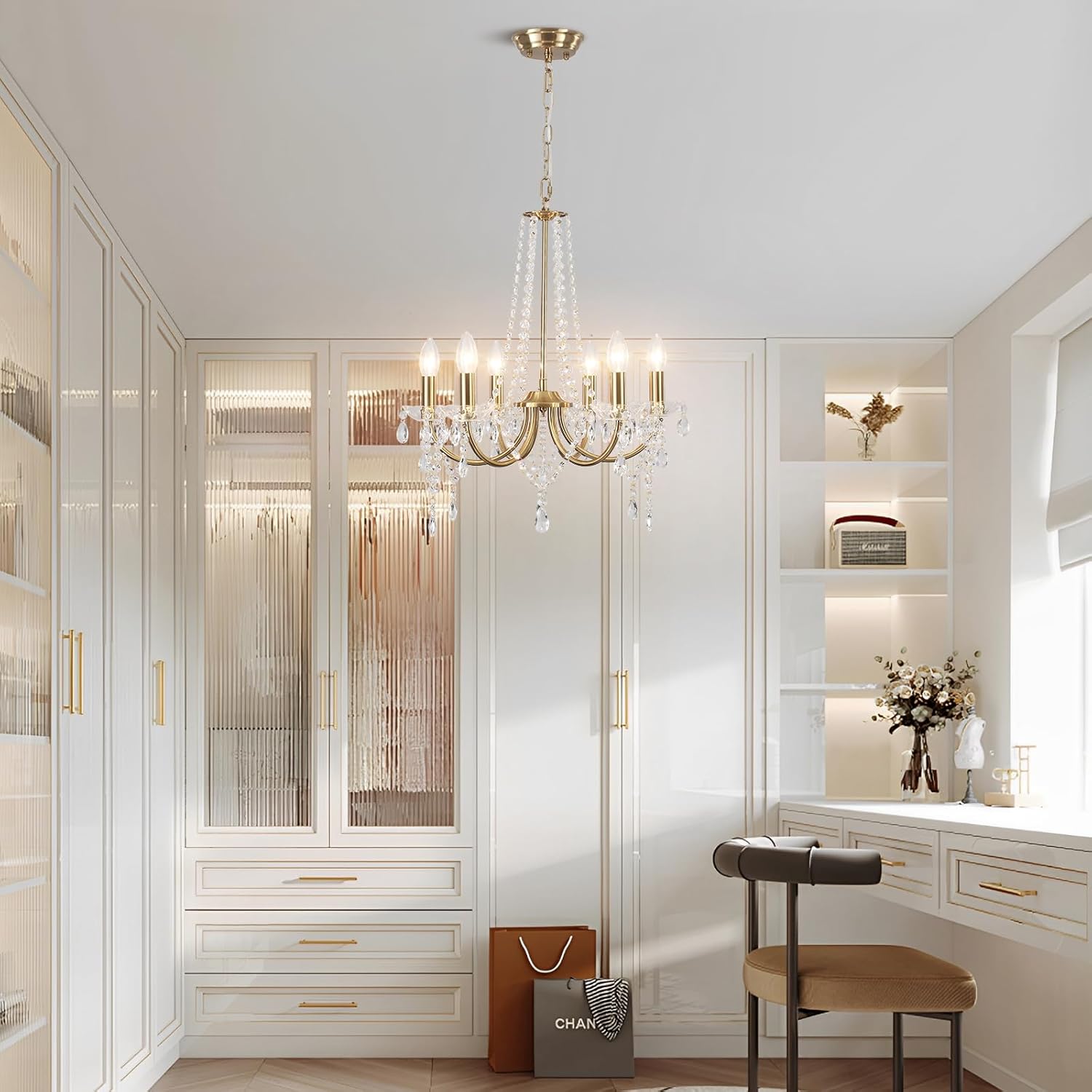 Crystal Gold Chandeliers for Dining Room, Modern Candle Crystal Brass Chandelier Light Fixture, Vintage Pendant Light for Living Room Bedroom Bathroom Entryway Hallway E12 Bulbs D19 in x H24 in