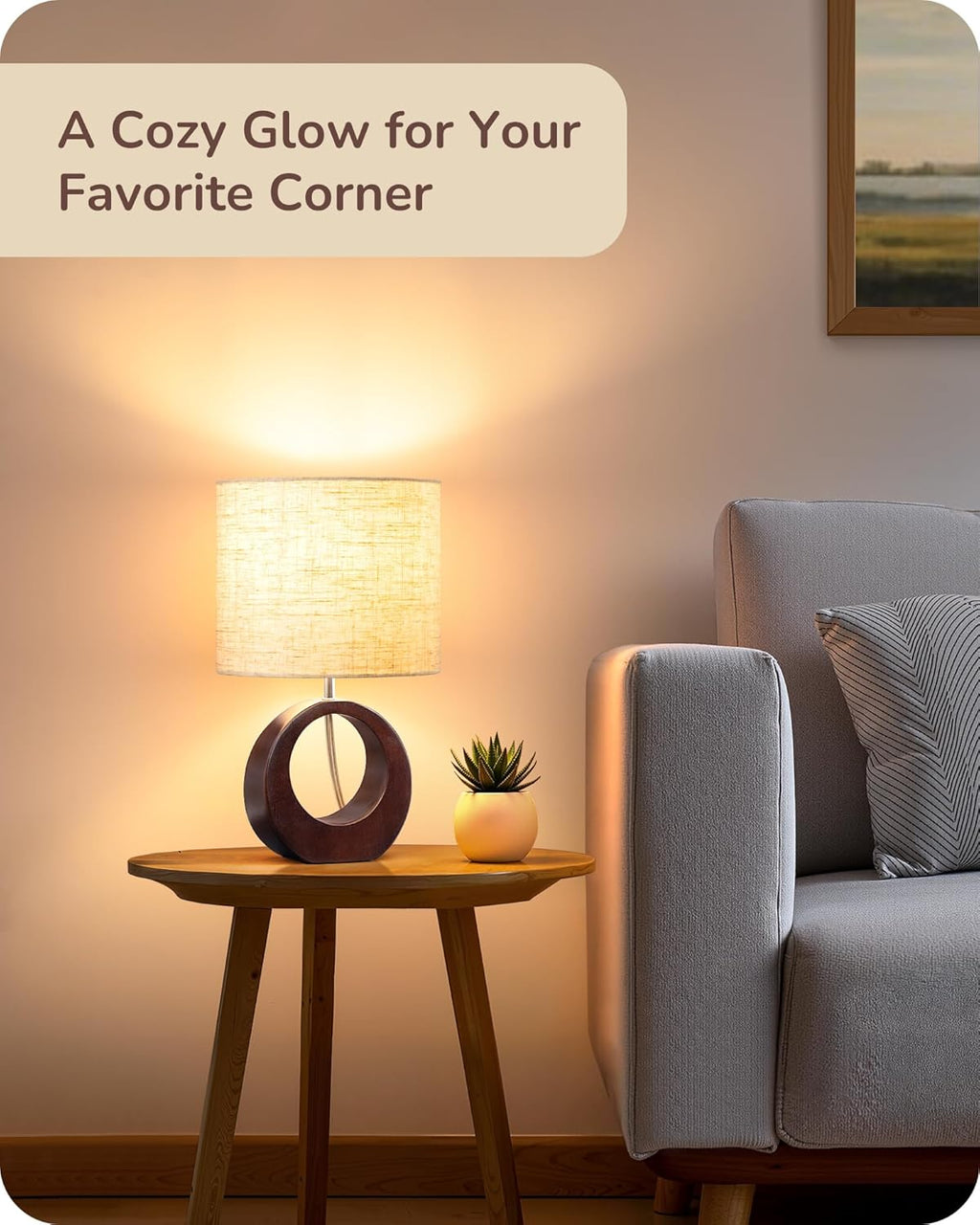 EDISHINE 13.4" Samll Wood Table Lamp, Modern Bedside Lamp with Beige Linen Lampshade & ON-Off Switch, E26 Base, Nightstand Lamp for Living Room, Bedroom, Dark Walnut