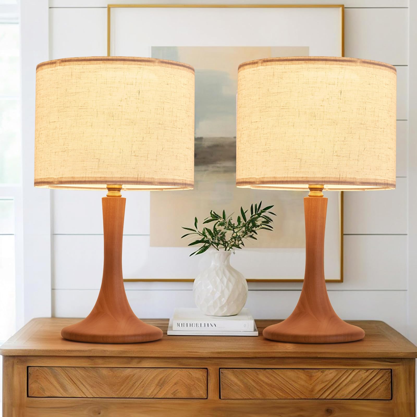 Bedside Table Lamp for Bedroom, Nordic Plug in Fabric Shade & Solid Wood Base Desk Lamp, Plug & Play Natural Wood Nightstand Lamp for Living Room, Office, Switch Power Cord 【Bulb Not Included】