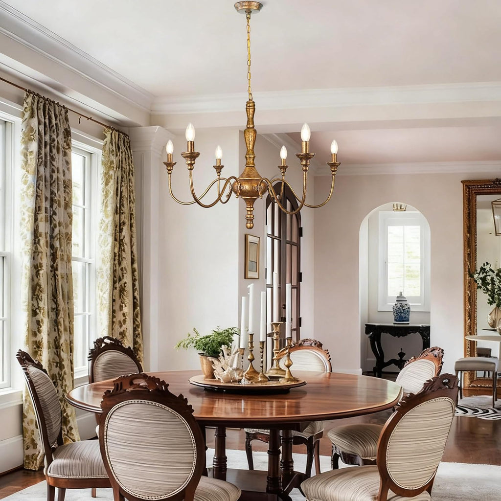 6-Light Farmhouse Chandelier for Dining Room, Antique Gold Rustic Chandelier, Adjustable Vintage Hanging Light Fixture for Bedroom, Kitchen, Living Room, Entryway, Foyer