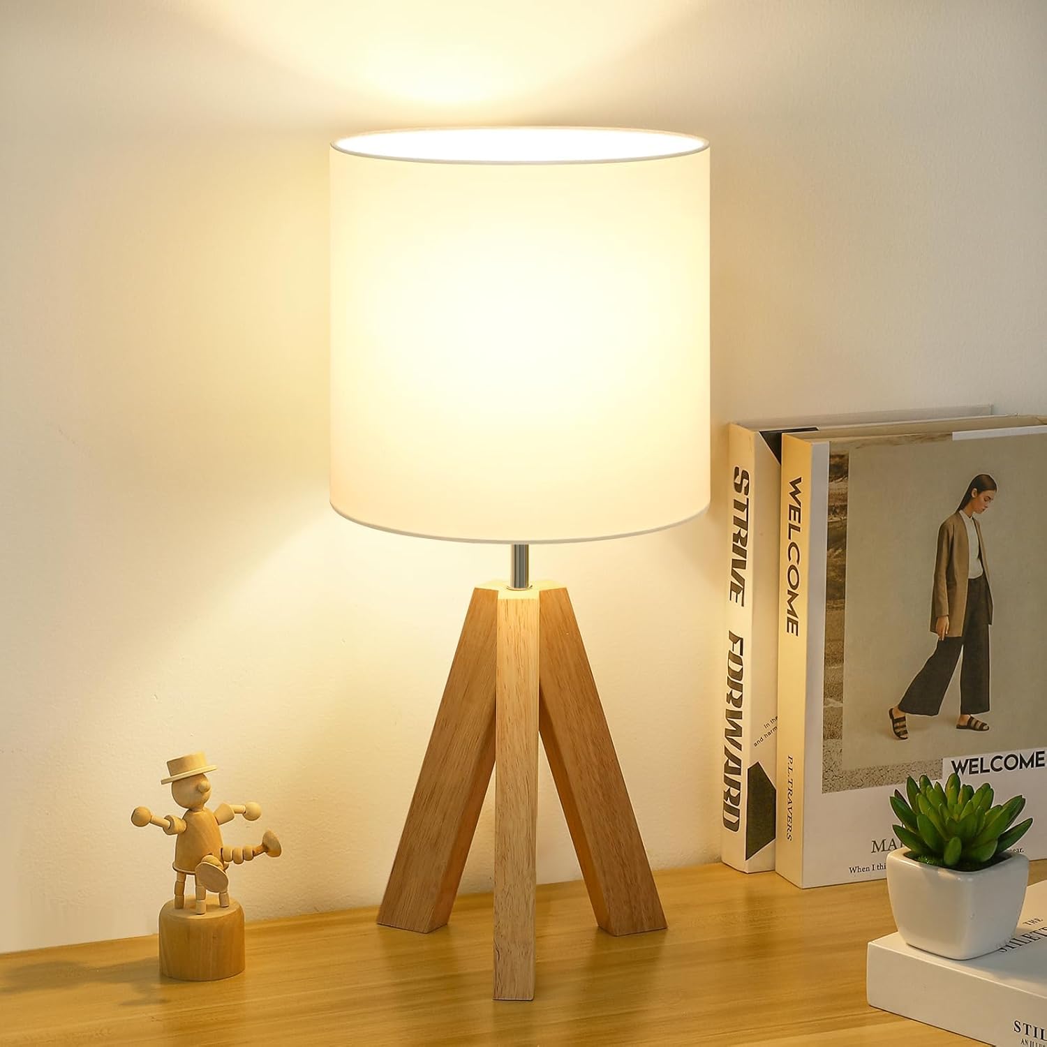 Small Beside Table Lamp, Wood Tripod Table Lamp with White Fabric Shade, Cute Boho Nightstand Minimalist Desk Lamp for Bedroom Living Room Nursery Kids Room Office Dorm, Bulb Not Included