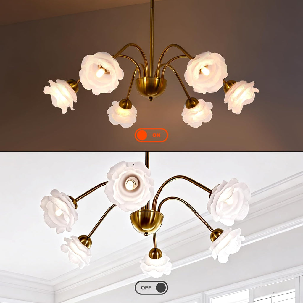 Fandian 6-Light Vintage Chandeliers in Matte Brass Finish with Glass Shades, Retro Flower Petal Chandelier Light for Dining Room, Hallway, Kitchen