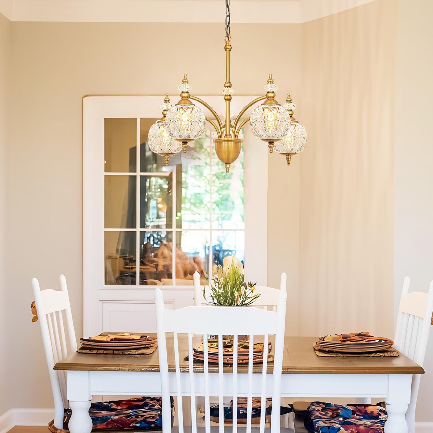 Vintage Brass Chandelier - Adjustable Height Dining Room Light Fixture with Handcrafted Blown Glass - 5-Light G9 Base, Ideal for Kitchen, Entryway, Bedroom, Enhances Luxury Home Decor for Discerning