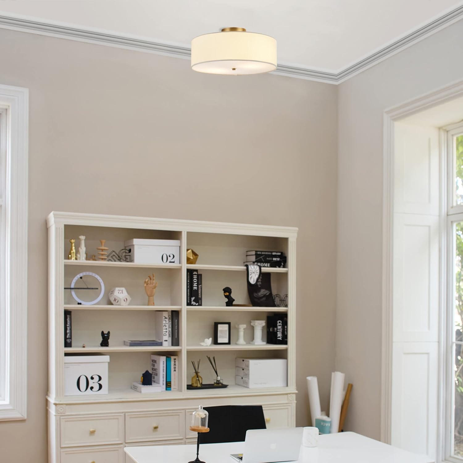 Globe Electric 2-Light Flush Mount Ceiling Light, Matte Brass Finish, White Linen Shade, E26 Base, Dimmable, Minimalist Home Lighting, 60998