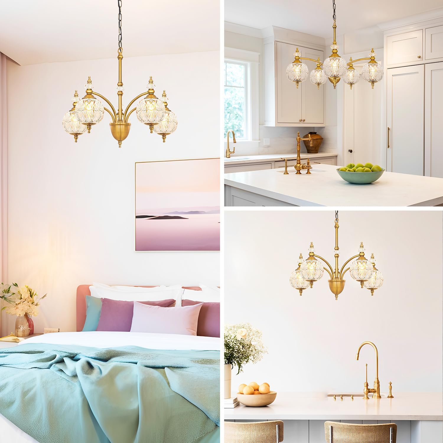 Vintage Brass Chandelier - Adjustable Height Dining Room Light Fixture with Handcrafted Blown Glass - 5-Light G9 Base, Ideal for Kitchen, Entryway, Bedroom, Enhances Luxury Home Decor for Discerning