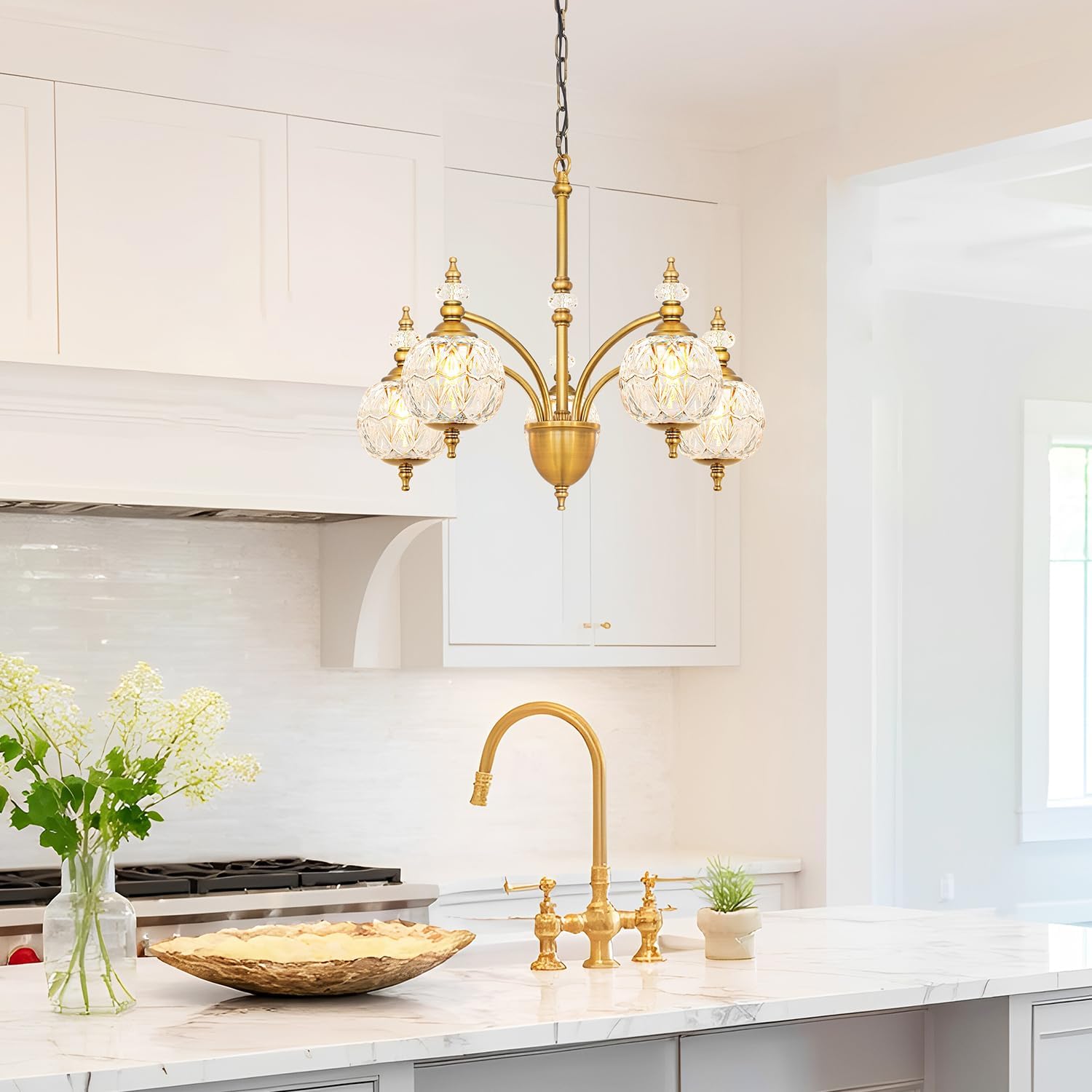 Vintage Brass Chandelier - Adjustable Height Dining Room Light Fixture with Handcrafted Blown Glass - 5-Light G9 Base, Ideal for Kitchen, Entryway, Bedroom, Enhances Luxury Home Decor for Discerning