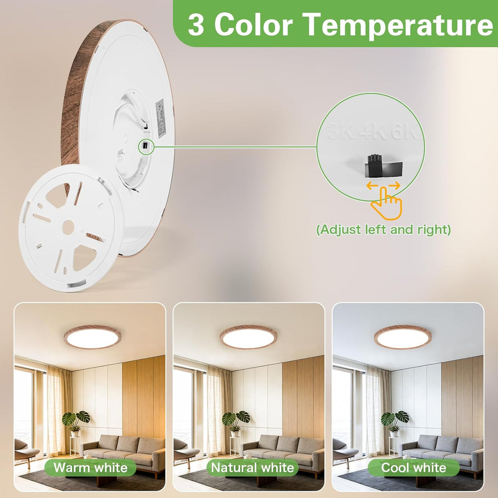 Kimjo 12 Inch 24W Modern Flush Mount Ceiling Light, 3 Color Temperature Walnut Wood Grain Flat Low Profile Ceiling Light Fixture Led Light for Bedroom Kitchen Bathroom Hallway
