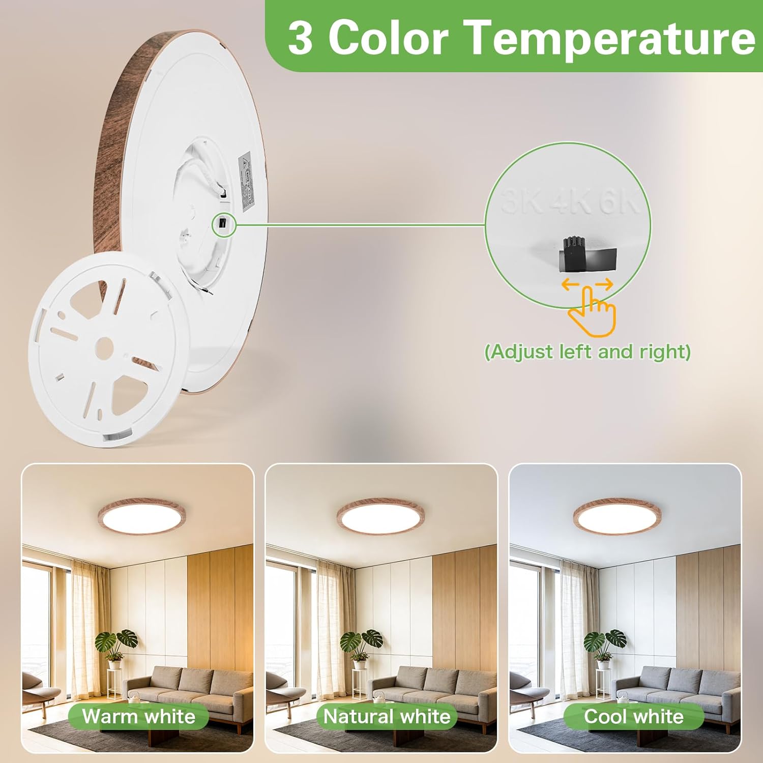 Kimjo 12 Inch 24W Modern Flush Mount Ceiling Light, 3 Color Temperature Walnut Wood Grain Flat Low Profile Ceiling Light Fixture Led Light for Bedroom Kitchen Bathroom Hallway