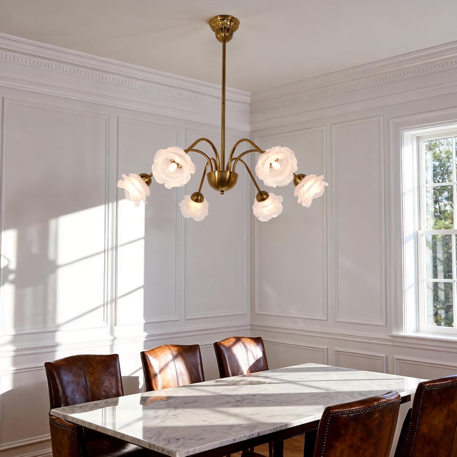 Fandian 6-Light Vintage Chandeliers in Matte Brass Finish with Glass Shades, Retro Flower Petal Chandelier Light for Dining Room, Hallway, Kitchen