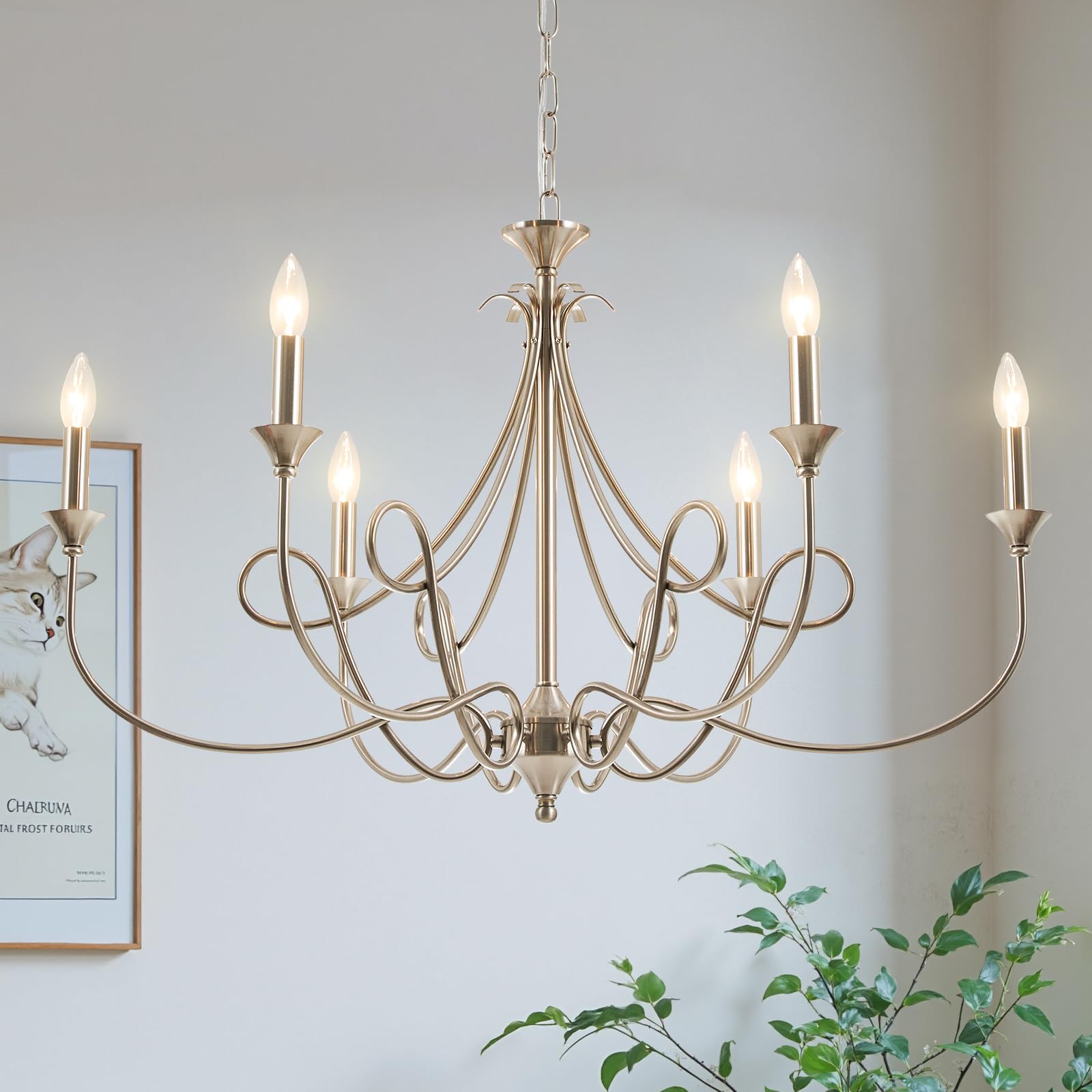 6-Light Modern Chandelier 36.6" Brass Candle Chandeliers Metal Gold Pendant Light Fixture for Dining Room Living Room Kitchen Island Foyer Entryway, E12 Base