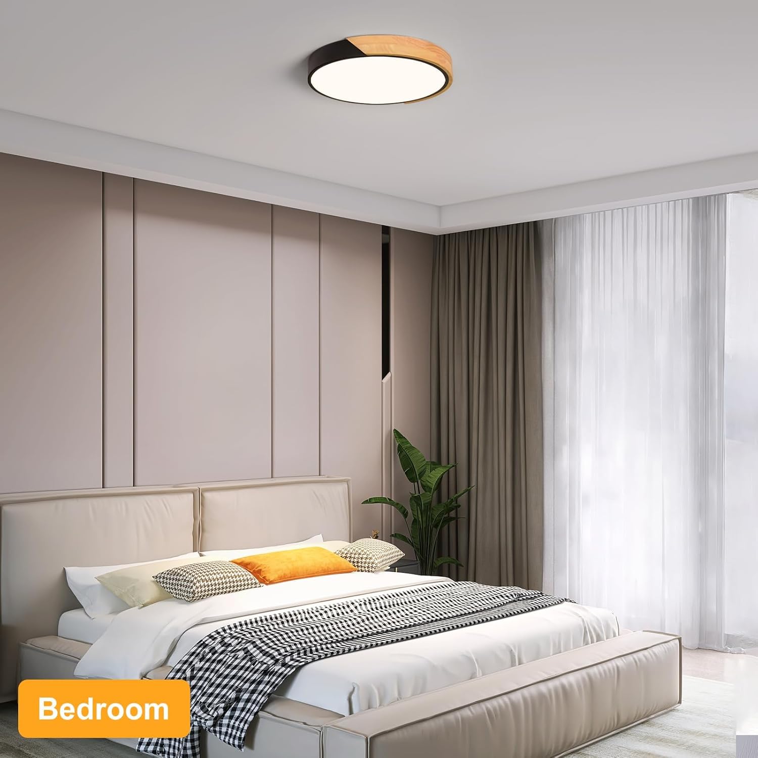 Modern LED Ceiling Light, Minimalist Wood Flush Mount Ceiling Light Fixture, 4000K Not Dimmable, Circle Lighting Lamp with Acrylic Lampshade for Bedroom Laundry Room Hallway (Black,11.8")
