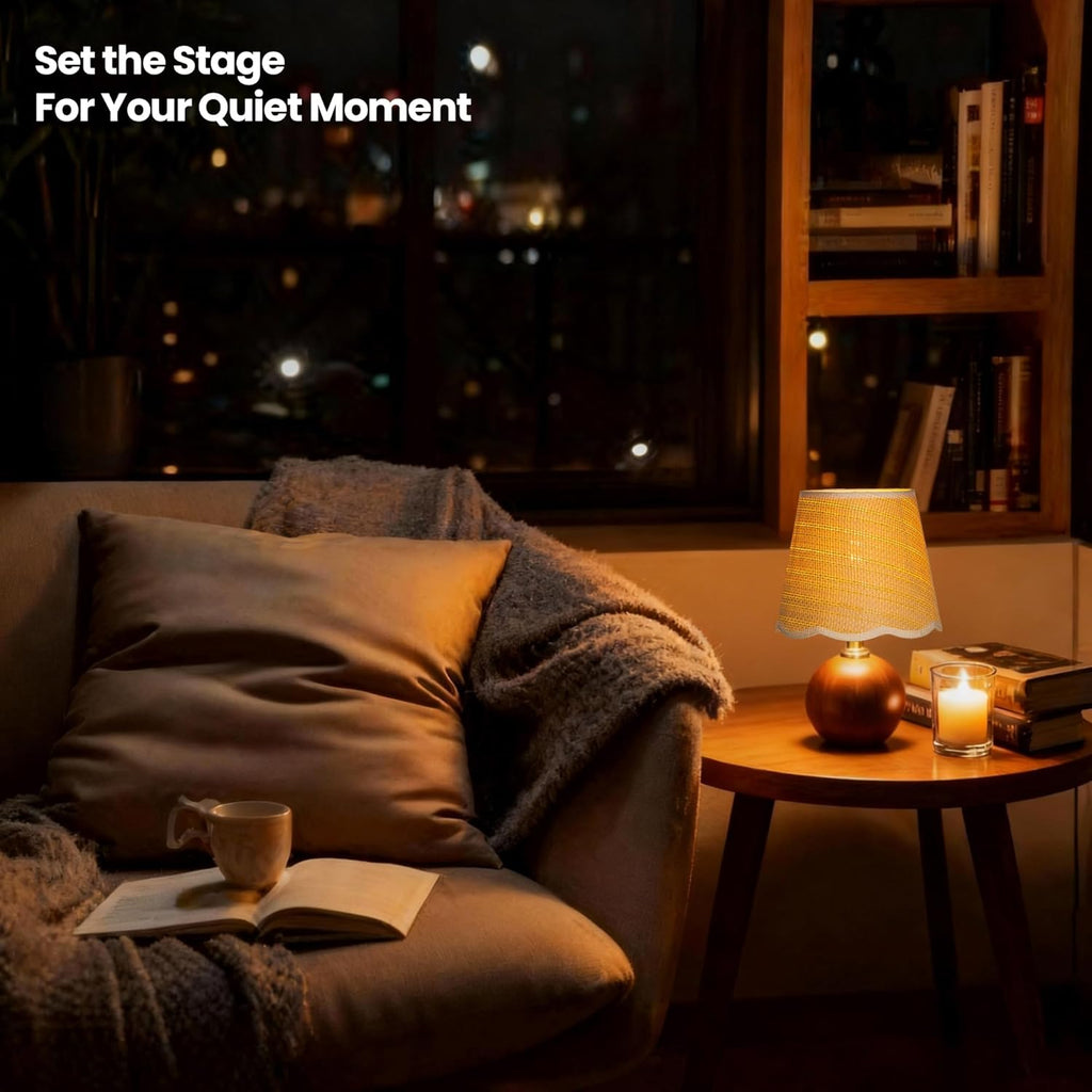 11.4" Modern Wooden Bedside Table Lamp, Small Nightstand Desk Lamp with Fabric Shade, Warm Ambient Light, Dimmable E26 Socket with Bulb Included for Bedroom Living Room (Fabric)