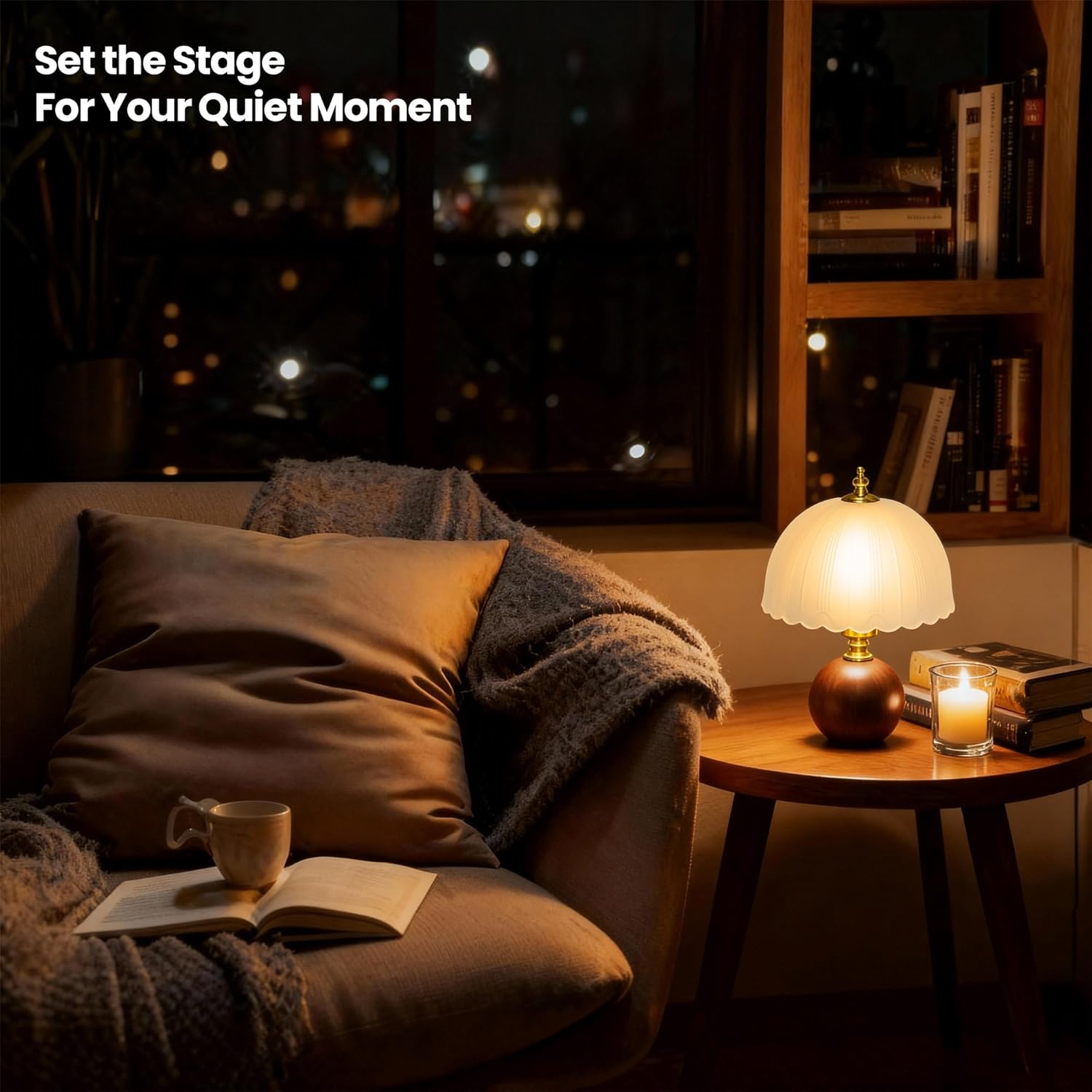 11.8“ Decorative Wooden Table Lamp with Frosted Glass Shade, Dimmable Bedside Nightstand Lamp with E26 Socket & 6ft Cord, Small Accent Lamp for Bedroom & Living Room (White)
