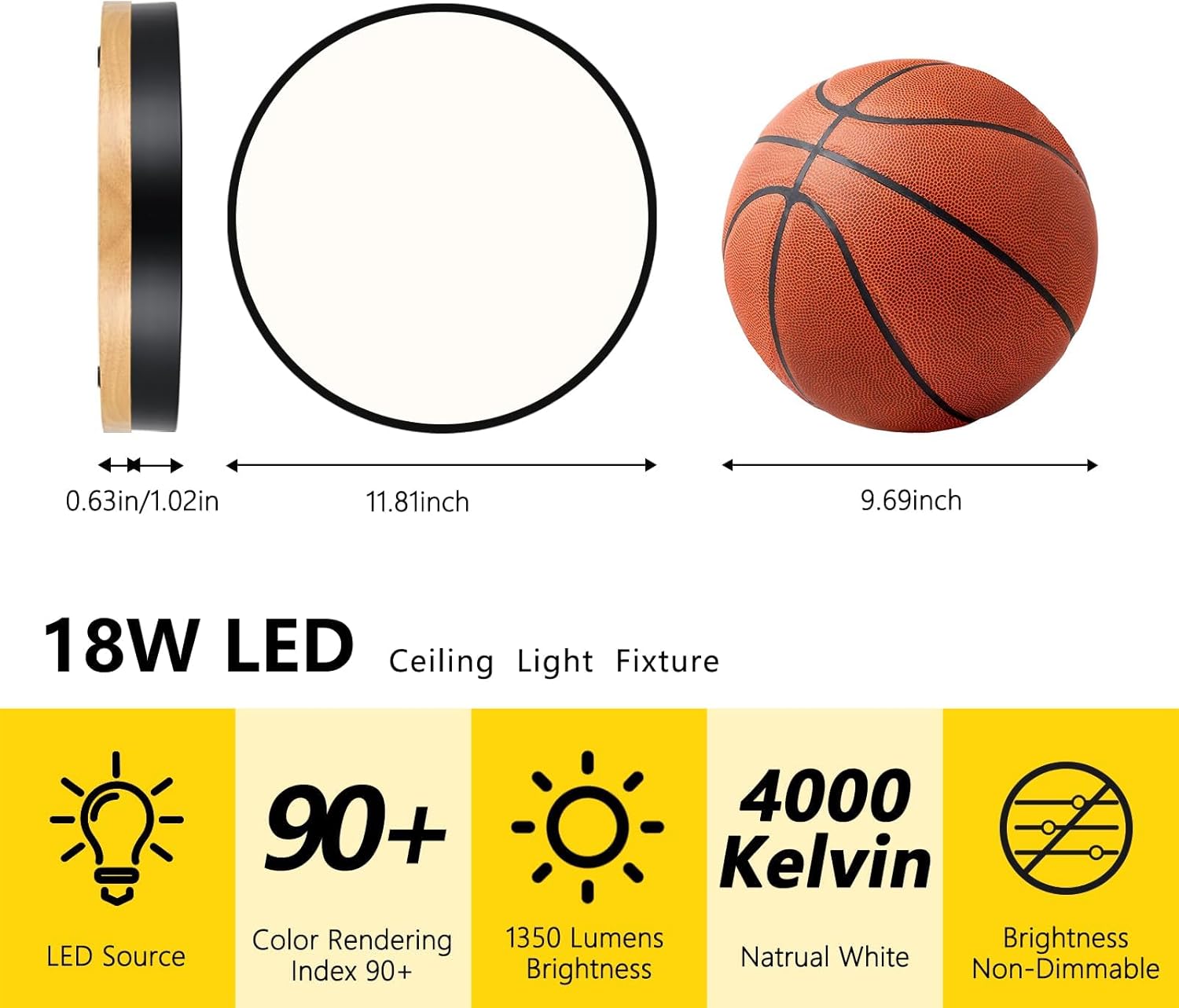 Modern Wood Black Flush Mount Ceiling Light, 11.81" Round LED Low Profile Close to Ceiling Fixture for Kitchen Bedroom Bathroom Laundry Hallway Entryway Closet Living Room