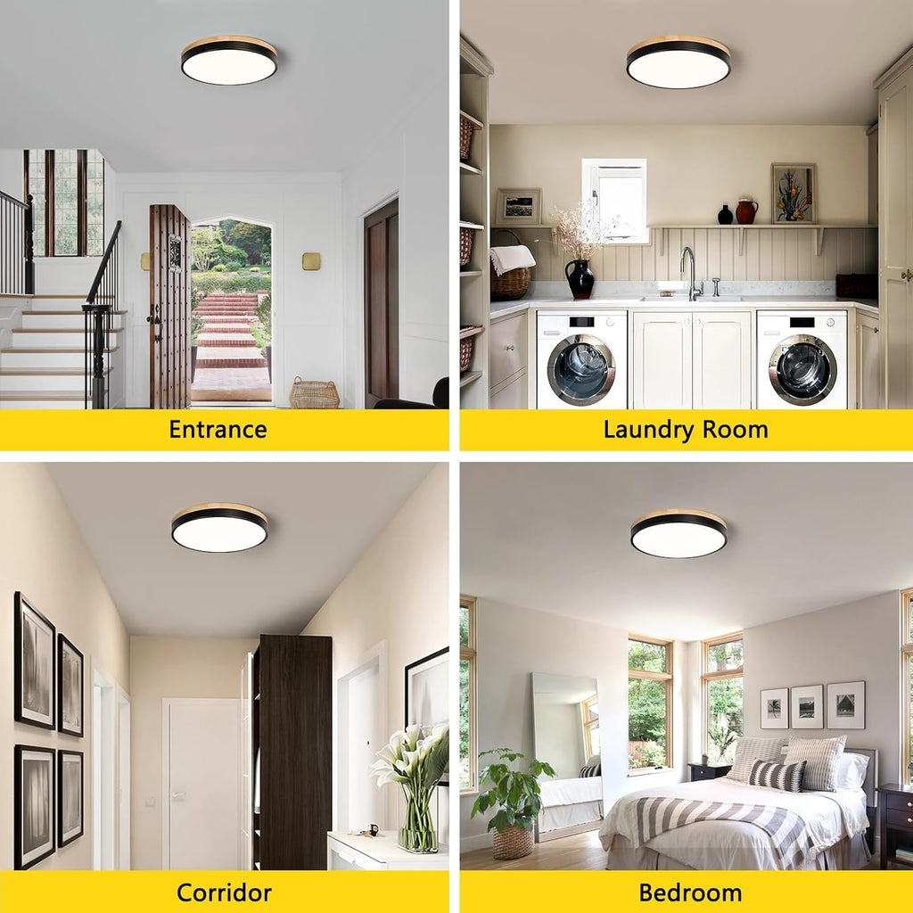Modern Wood Black Flush Mount Ceiling Light, 11.81" Round LED Low Profile Close to Ceiling Fixture for Kitchen Bedroom Bathroom Laundry Hallway Entryway Closet Living Room