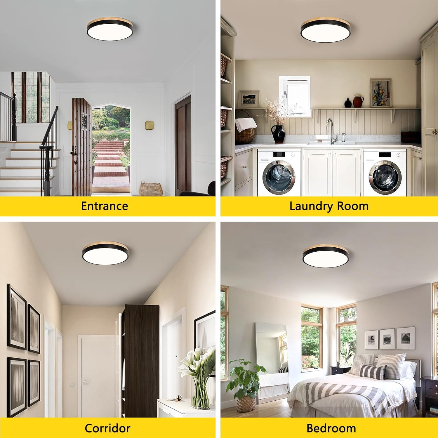 Modern Wood Black Flush Mount Ceiling Light, 11.81" Round LED Low Profile Close to Ceiling Fixture for Kitchen Bedroom Bathroom Laundry Hallway Entryway Closet Living Room
