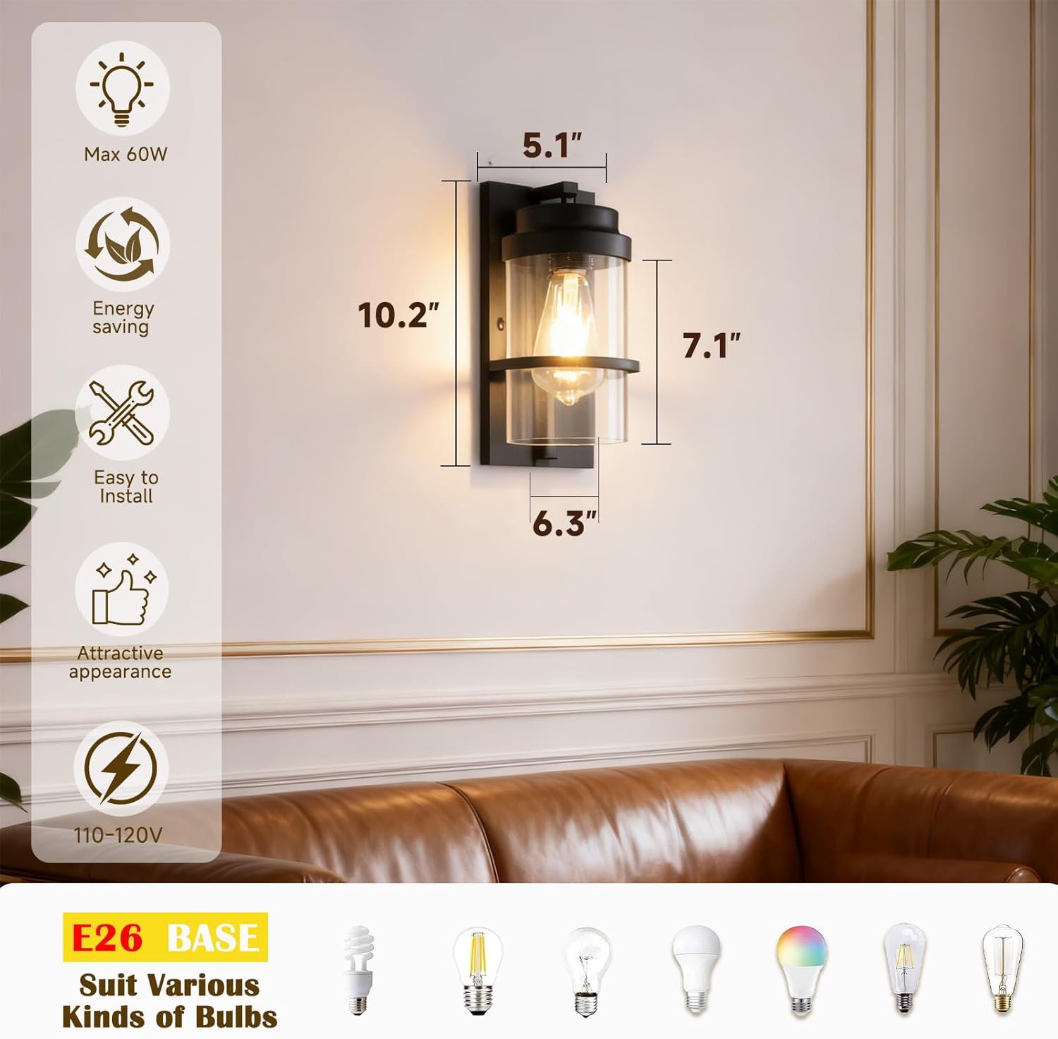 Modern Farmhouse Wall Sconce,Black Industrial Cylinder Glass Wall Light Fixture,Indoor Hardwired Wall Lamp for Bedroom,Hallway,Bathroom,Living Room,E26 Base