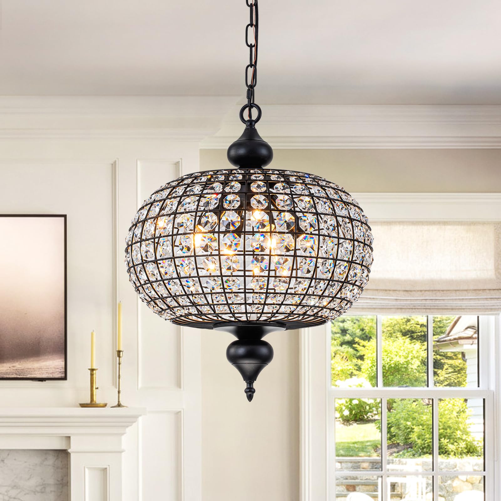20.5" Antique Brass Crystal Chandelier, Large Farmhouse Dining Room Light Fixture, 5-Light Vintage Crystal Hanging Chandelier for High Ceiling Living Room Kitchen Island