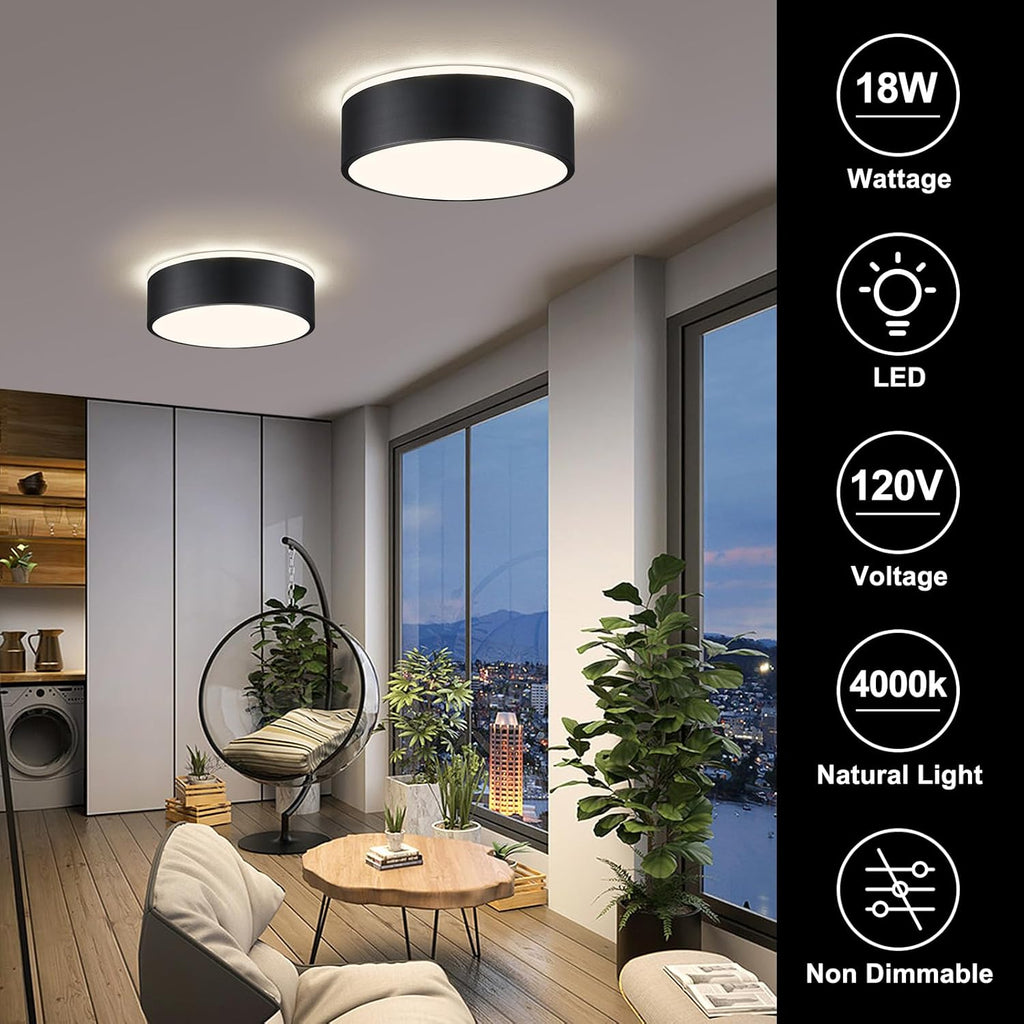 Black LED Ceiling Light, Modern Flush Mount Ceiling Light Fixture, Not Dimmable Minimalist Round Metal Lighting Fixture Ceiling Lamp for Hallway, Entryway, Bedroom, Balcony, 11.81 Inch