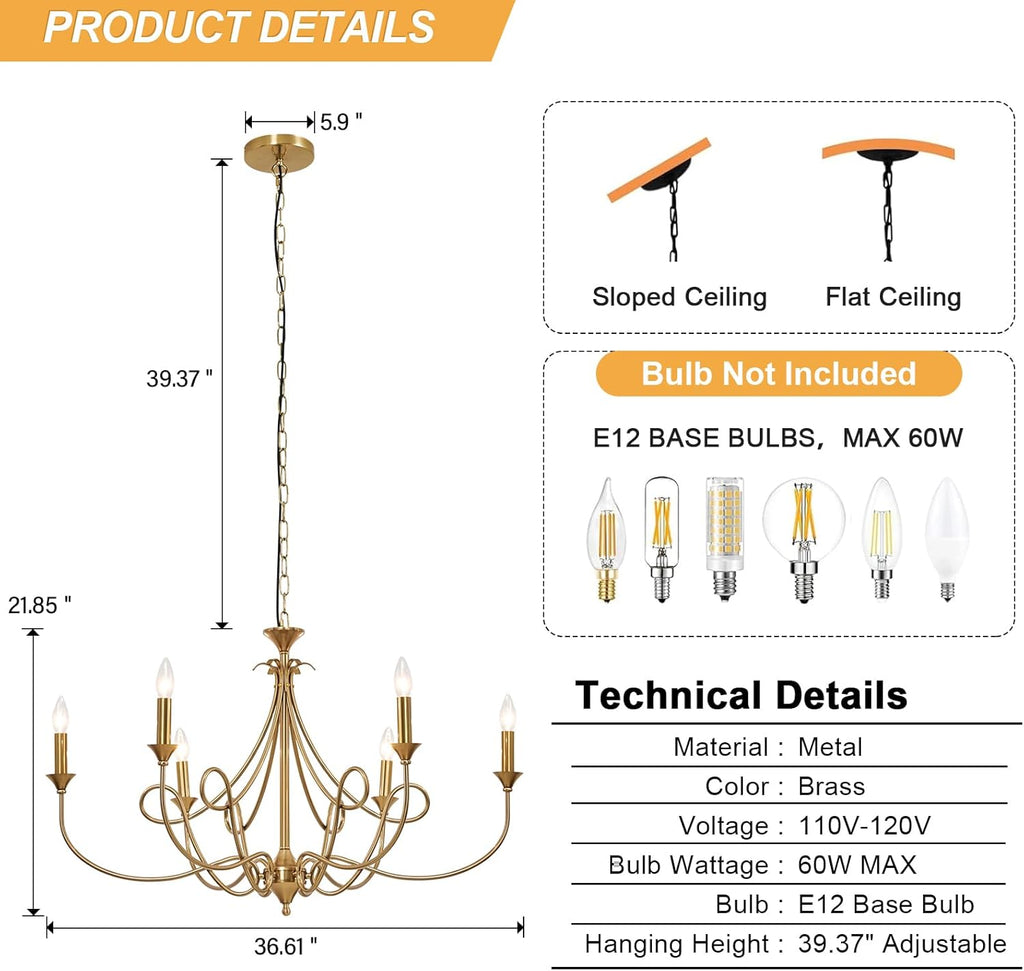 6-Light Modern Chandelier 36.6" Brass Candle Chandeliers Metal Gold Pendant Light Fixture for Dining Room Living Room Kitchen Island Foyer Entryway, E12 Base