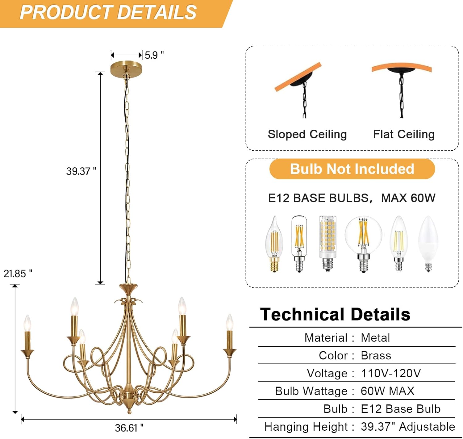 6-Light Modern Chandelier 36.6" Brass Candle Chandeliers Metal Gold Pendant Light Fixture for Dining Room Living Room Kitchen Island Foyer Entryway, E12 Base