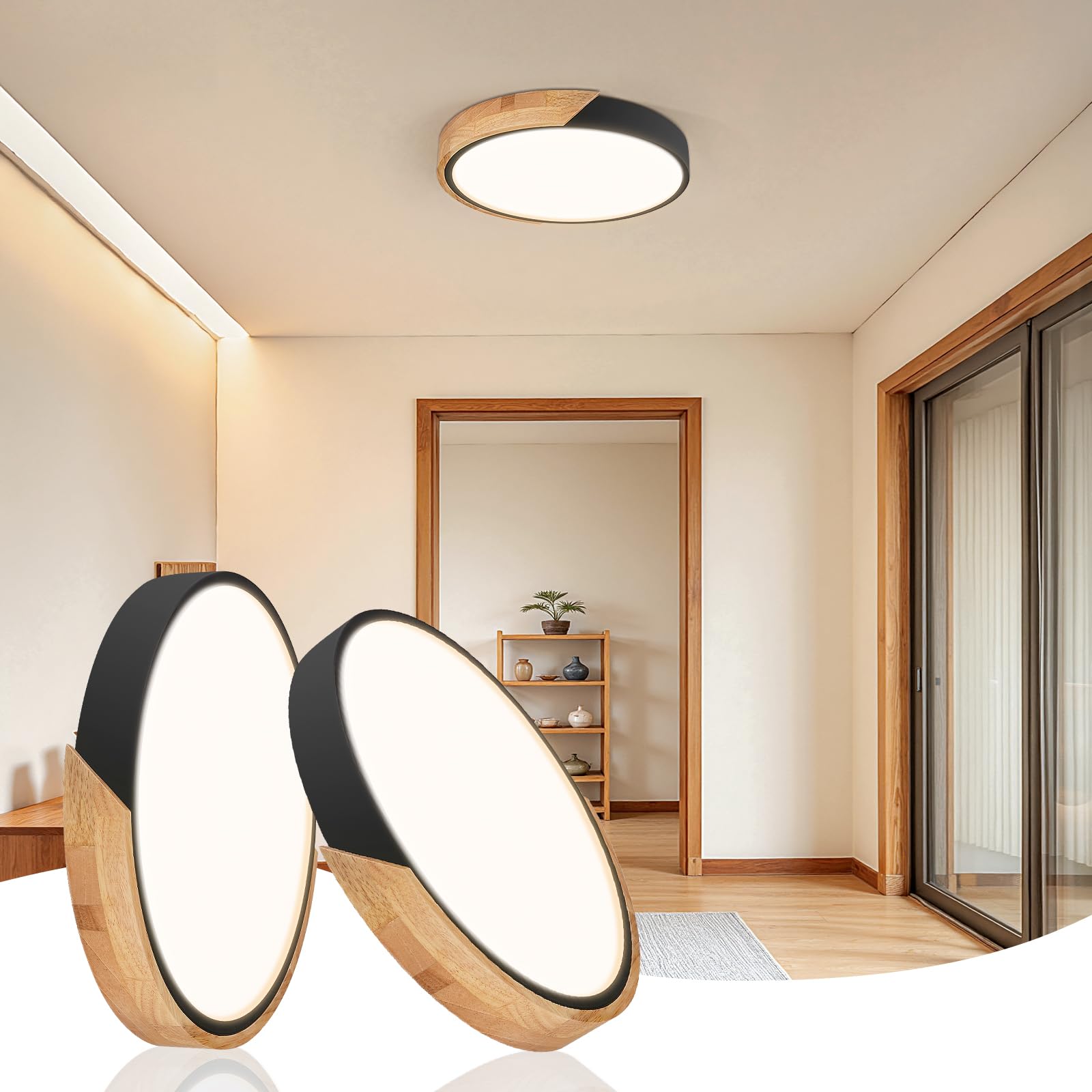 Modern LED Ceiling Light for Bedroom: Minimalist Wood Flush Mount Ceiling Light Fixture with Acrylic Lampshade - 3000K Not Dimmable Overhead Ceiling Lamps for Kitchen Hallway Living Room (11.8" Wood)