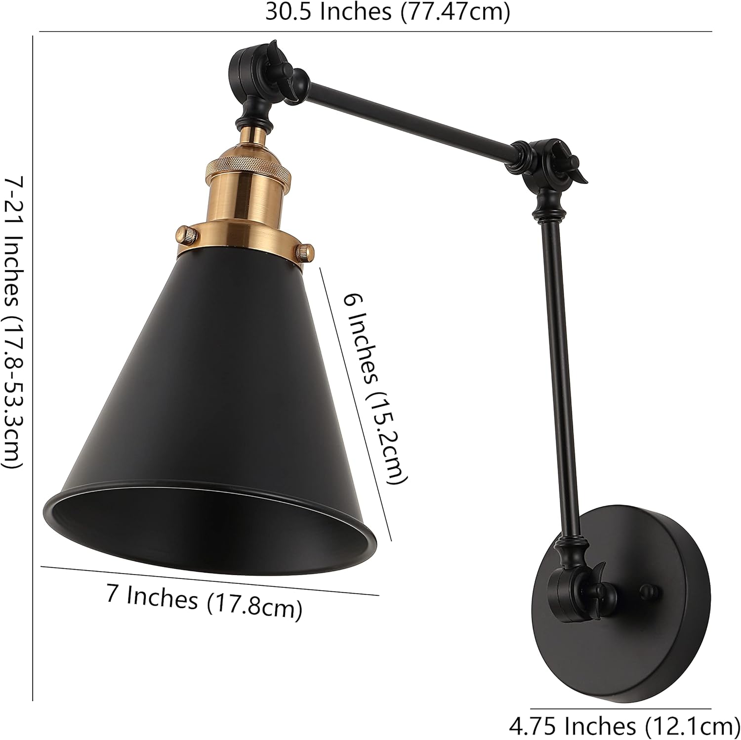 JONATHAN Y 7" Black/Brass Gold Classic Industrial Metal Adjustable Arm LED Wall Sconce for Bedside Reading, Farmhouse Swing Arm Wall Lamp with Metal Shade, Hardwired (JYL7462A-SET2)