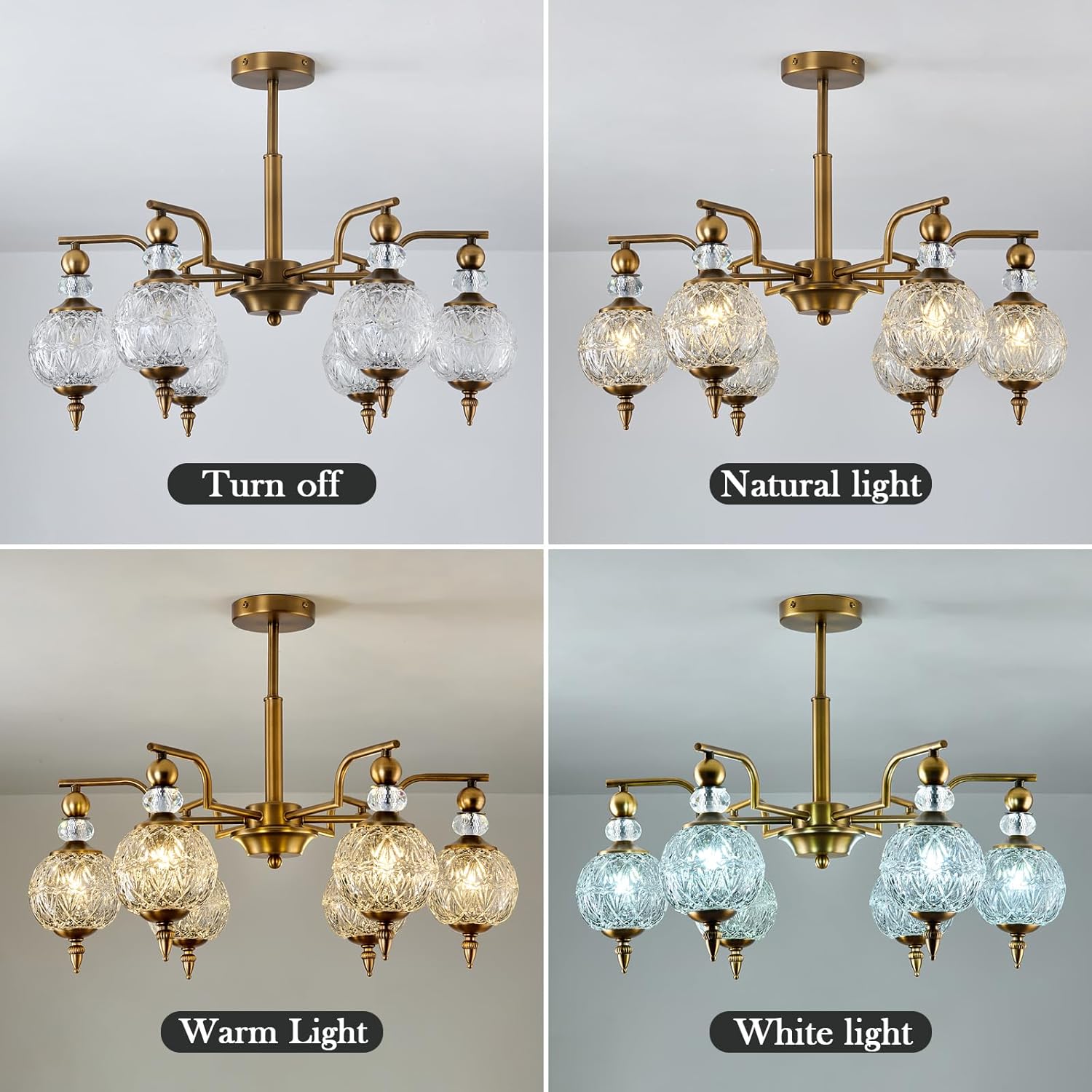 Piepooye Vintage Gold Sputnik Chandelier 6 Lights Crystal Adjustable Hanging Ceiling Light Fixture Antique Large Pendant Lighting with Glass Globe Shade for Living Room Dinning Room Bedroom Kitchen