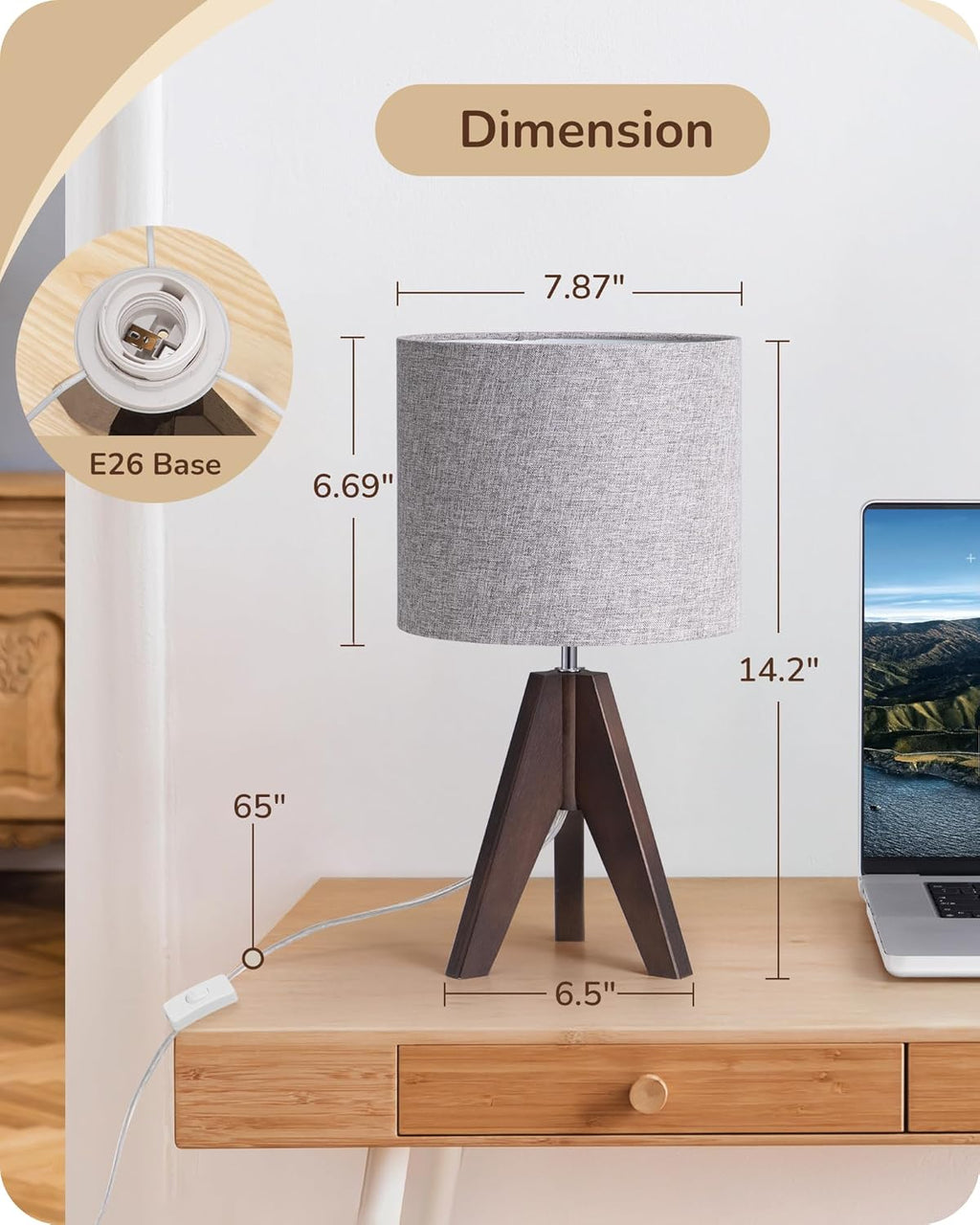 EDISHINE Boho Small Table Lamp, Walnut Color Wooden Tripod Bedside Lamp, Farmhouse Nightstand Lamp for Nursery, Bedroom, Office, Kid Room, Living Room, Grey Linen Lampshade, E26 Socket, 14.2 Inch