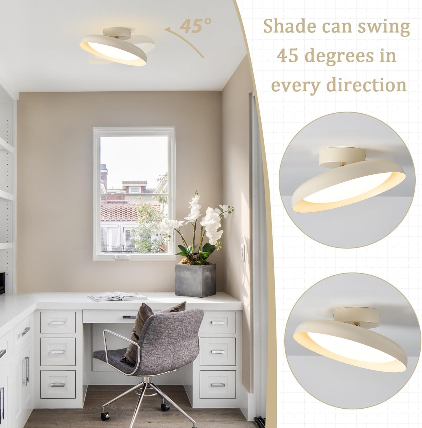 BISAMIYA Modern LED Ceiling Light, Brass Accent 12.6 Inch Semi Flush Mount Ceiling Light, Adjustable Angle Light Fixture, 3000K/Warm White/18W, for Hallway, Entryway, Kitchen