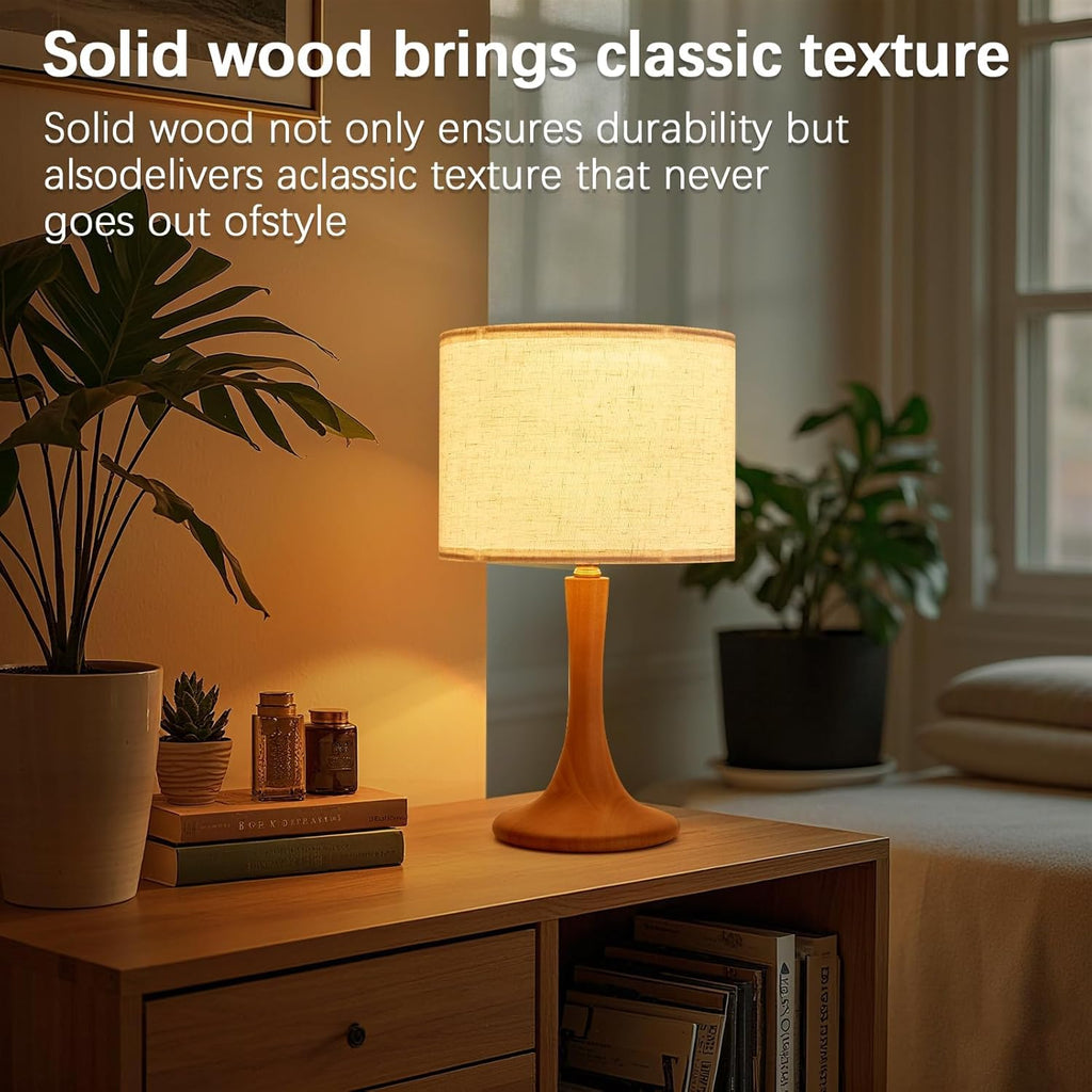 Bedside Table Lamp for Bedroom, Nordic Plug in Fabric Shade & Solid Wood Base Desk Lamp, Plug & Play Natural Wood Nightstand Lamp for Living Room, Office, Switch Power Cord 【Bulb Not Included】