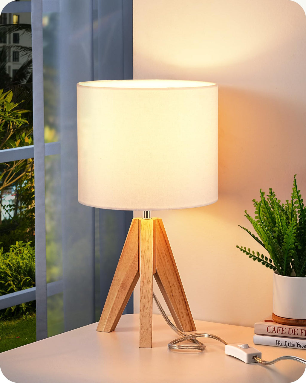 EDISHINE Boho Small Table Lamp, Walnut Color Wooden Tripod Bedside Lamp, Farmhouse Nightstand Lamp for Nursery, Bedroom, Office, Kid Room, Living Room, Grey Linen Lampshade, E26 Socket, 14.2 Inch