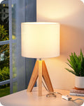 EDISHINE Boho Small Table Lamp, Walnut Color Wooden Tripod Bedside Lamp, Farmhouse Nightstand Lamp for Nursery, Bedroom, Office, Kid Room, Living Room, Grey Linen Lampshade, E26 Socket, 14.2 Inch