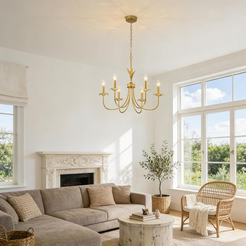 Flower Antique Brass Gold Chandeliers for Dining Room, 25.6" 6-Light Vintage French Country Chandelier Farmhouse Dining Room Light Fixture over Table Kitchen Pendant Lights for Bedroom Living Room
