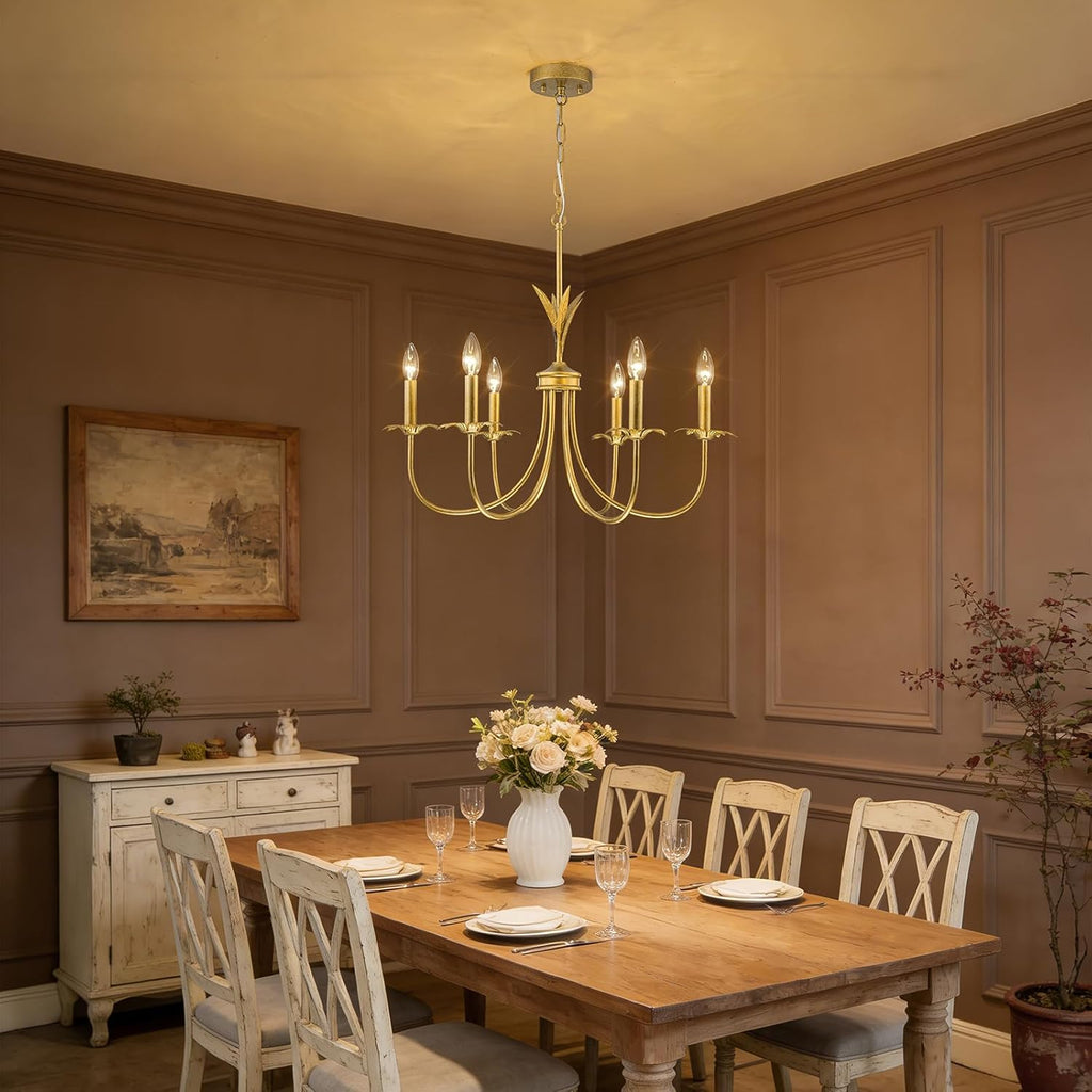 Flower Antique Brass Gold Chandeliers for Dining Room, 25.6" 6-Light Vintage French Country Chandelier Farmhouse Dining Room Light Fixture over Table Kitchen Pendant Lights for Bedroom Living Room