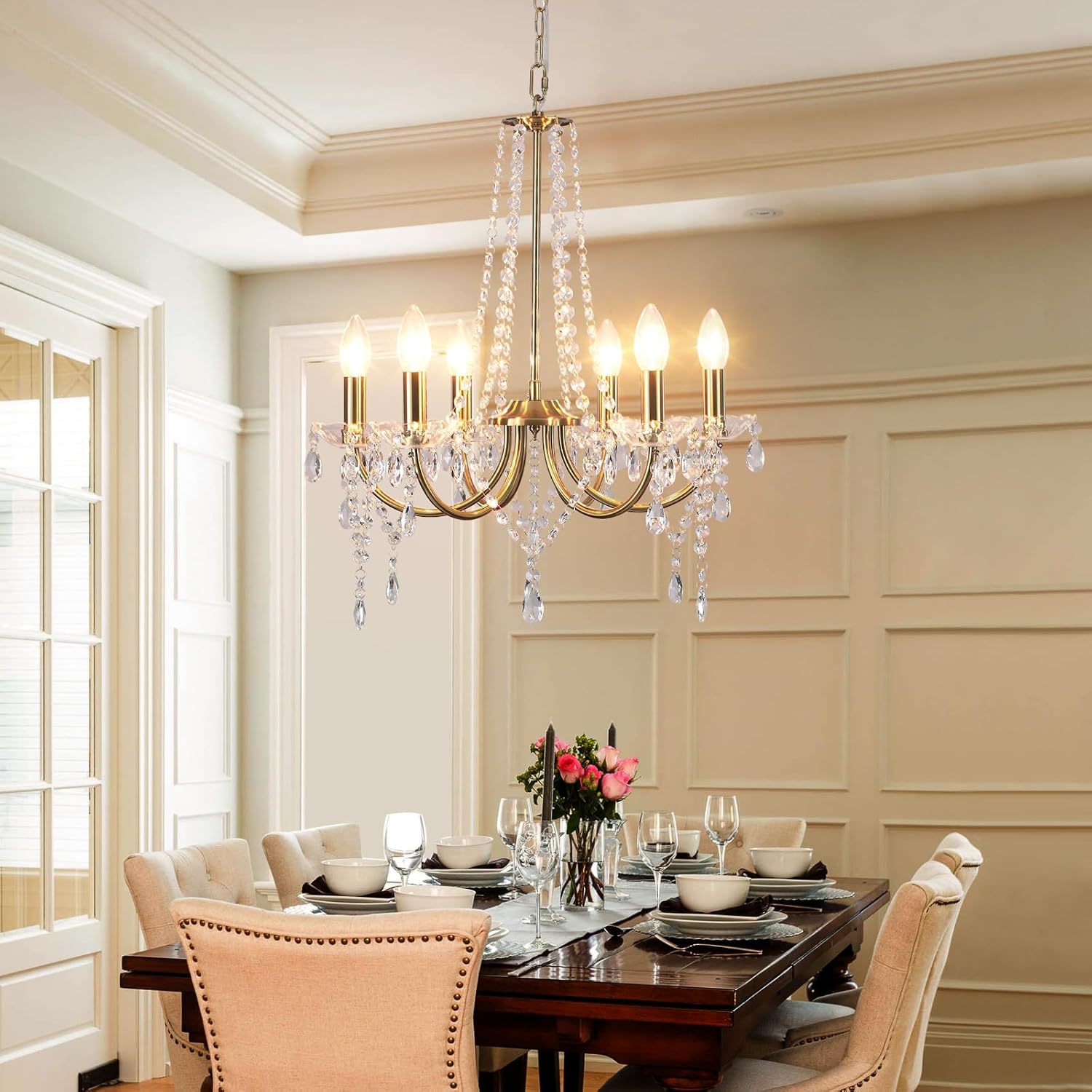 Crystal Gold Chandeliers for Dining Room, Modern Candle Crystal Brass Chandelier Light Fixture, Vintage Pendant Light for Living Room Bedroom Bathroom Entryway Hallway E12 Bulbs D19 in x H24 in