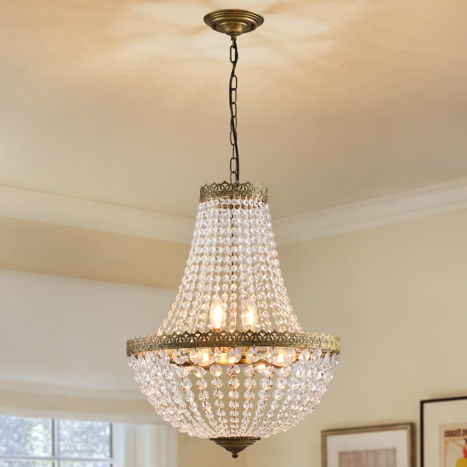 4 Lights French Empire Mini Crystal Chandelier Farmhouse Pendant Lighting,Antique Brass Finish Ceiling Light Fixture for Dining Room Bedroom Foyer Living Room, W12.6 x H19.7
