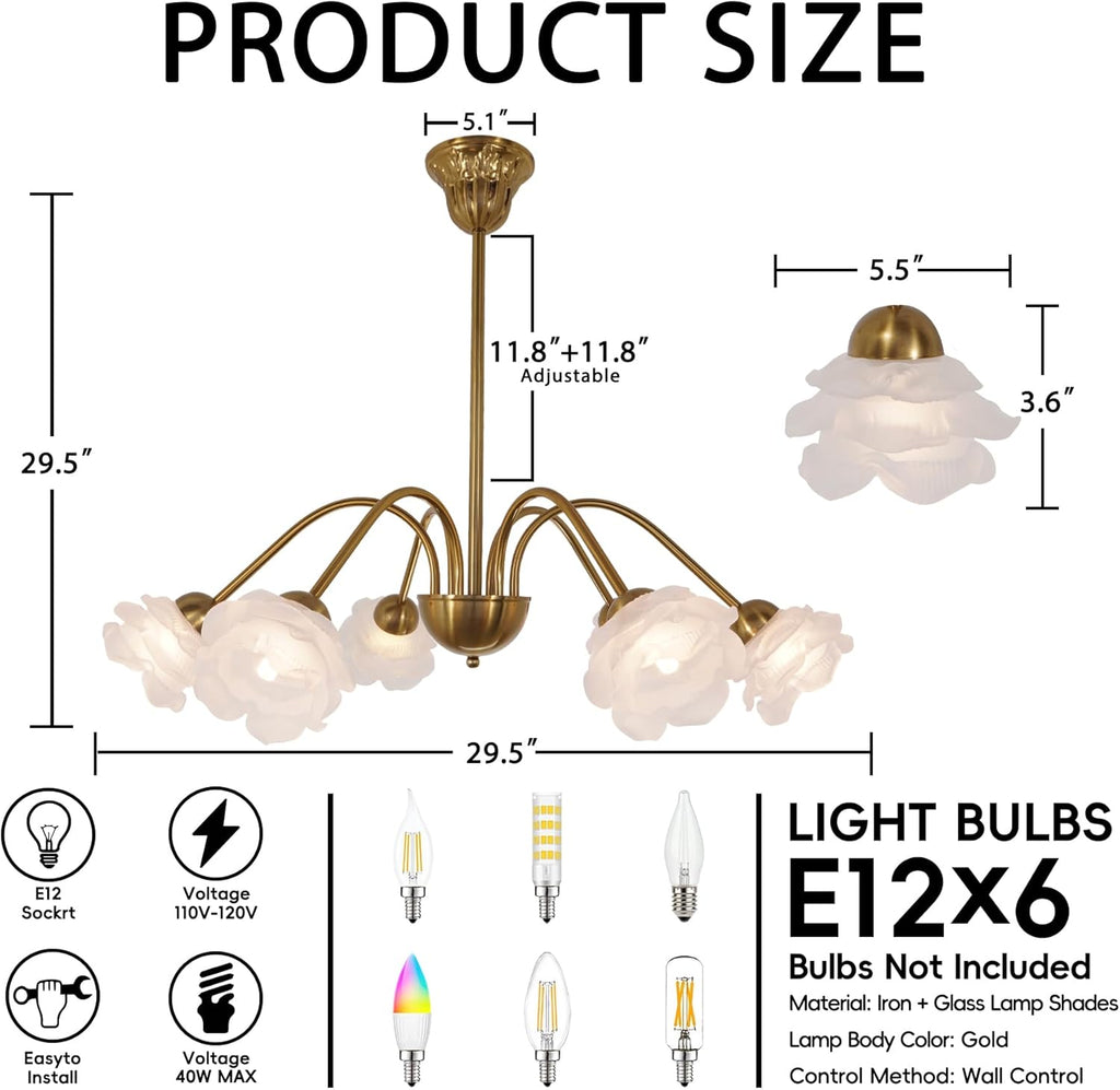 Fandian 6-Light Vintage Chandeliers in Matte Brass Finish with Glass Shades, Retro Flower Petal Chandelier Light for Dining Room, Hallway, Kitchen