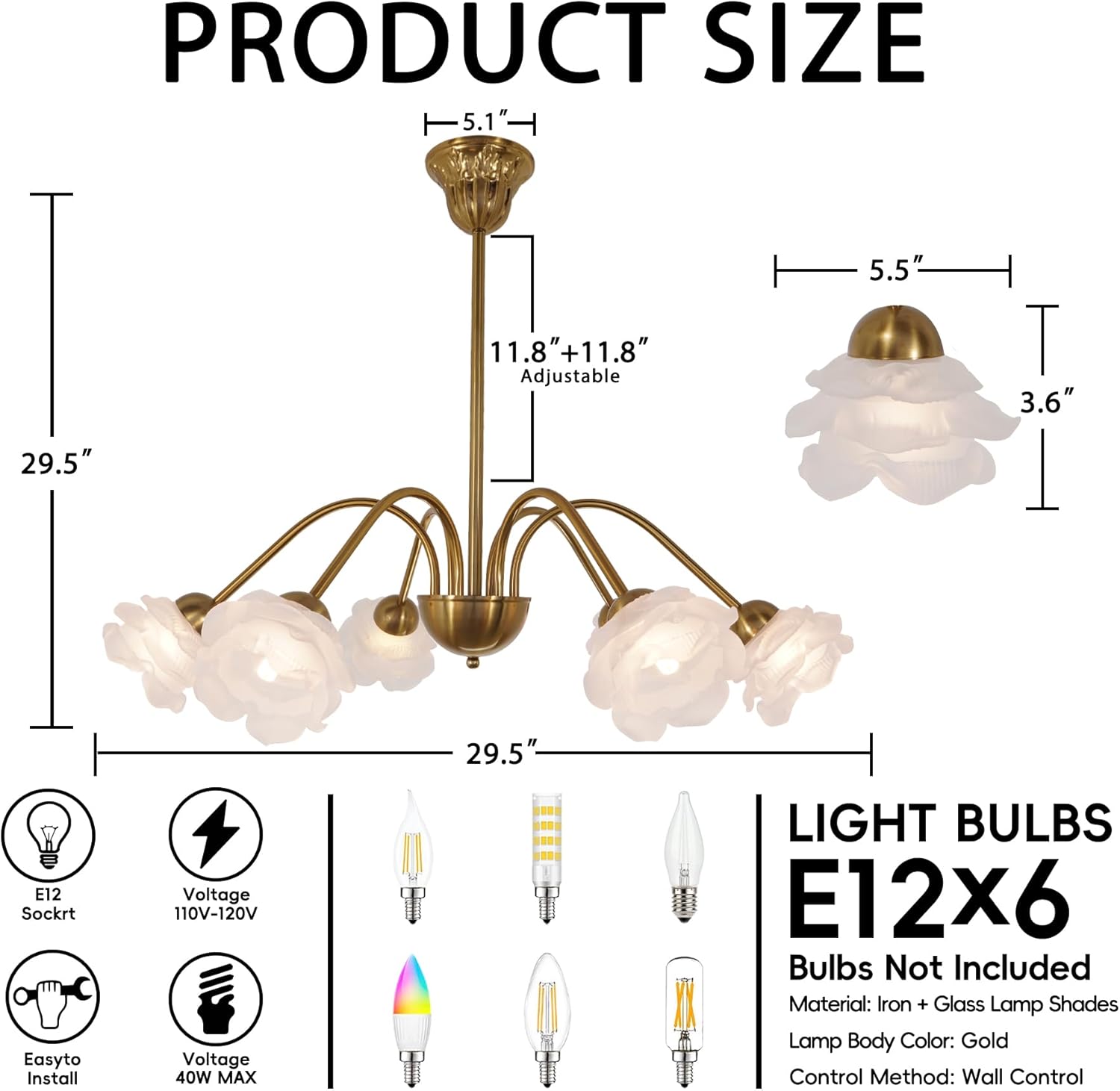 Fandian 6-Light Vintage Chandeliers in Matte Brass Finish with Glass Shades, Retro Flower Petal Chandelier Light for Dining Room, Hallway, Kitchen