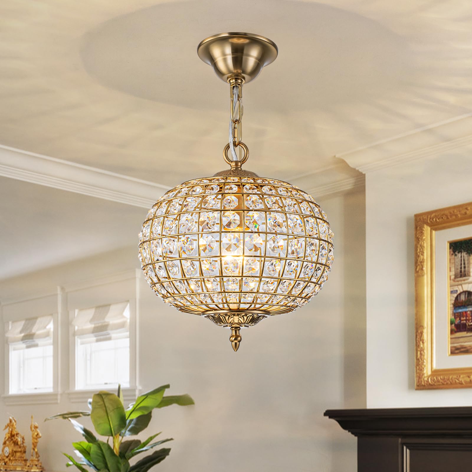 20.5" Antique Brass Crystal Chandelier, Large Farmhouse Dining Room Light Fixture, 5-Light Vintage Crystal Hanging Chandelier for High Ceiling Living Room Kitchen Island