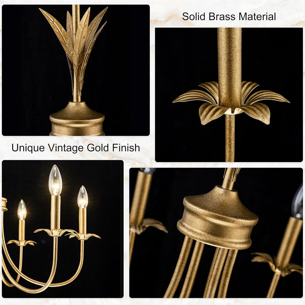 Flower Antique Brass Gold Chandeliers for Dining Room, 25.6" 6-Light Vintage French Country Chandelier Farmhouse Dining Room Light Fixture over Table Kitchen Pendant Lights for Bedroom Living Room